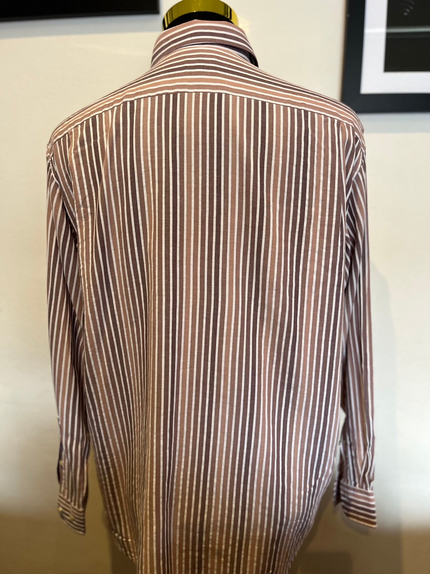Lacoste 100% Cotton Brown White Stripe Shirt Size 42 Large Button Down Collar