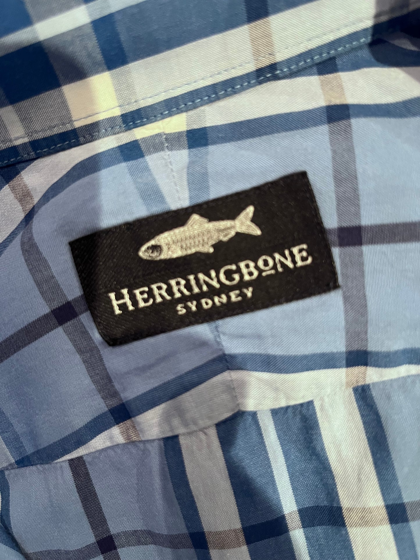 Herringbone 100% Cotton Blue Check Shirt Size Large Slim Fit