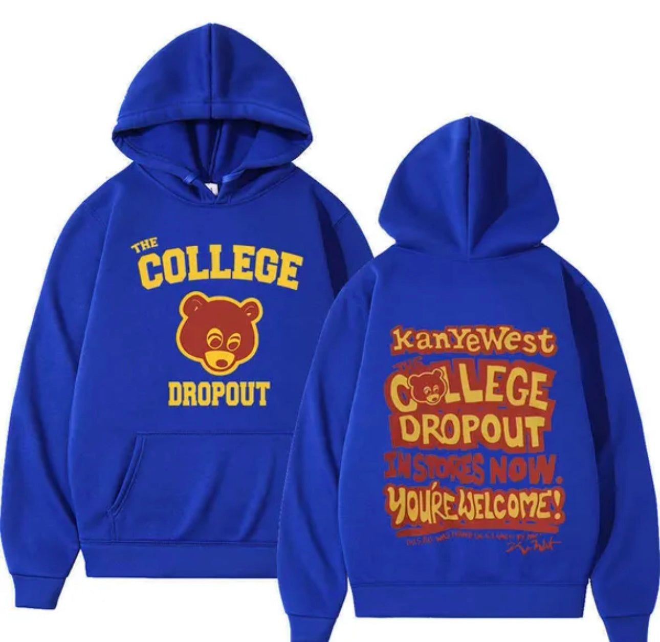 Kanye West 100% Fleece Blue Hoodie “The College Drop Out” Chest Back Logo Print