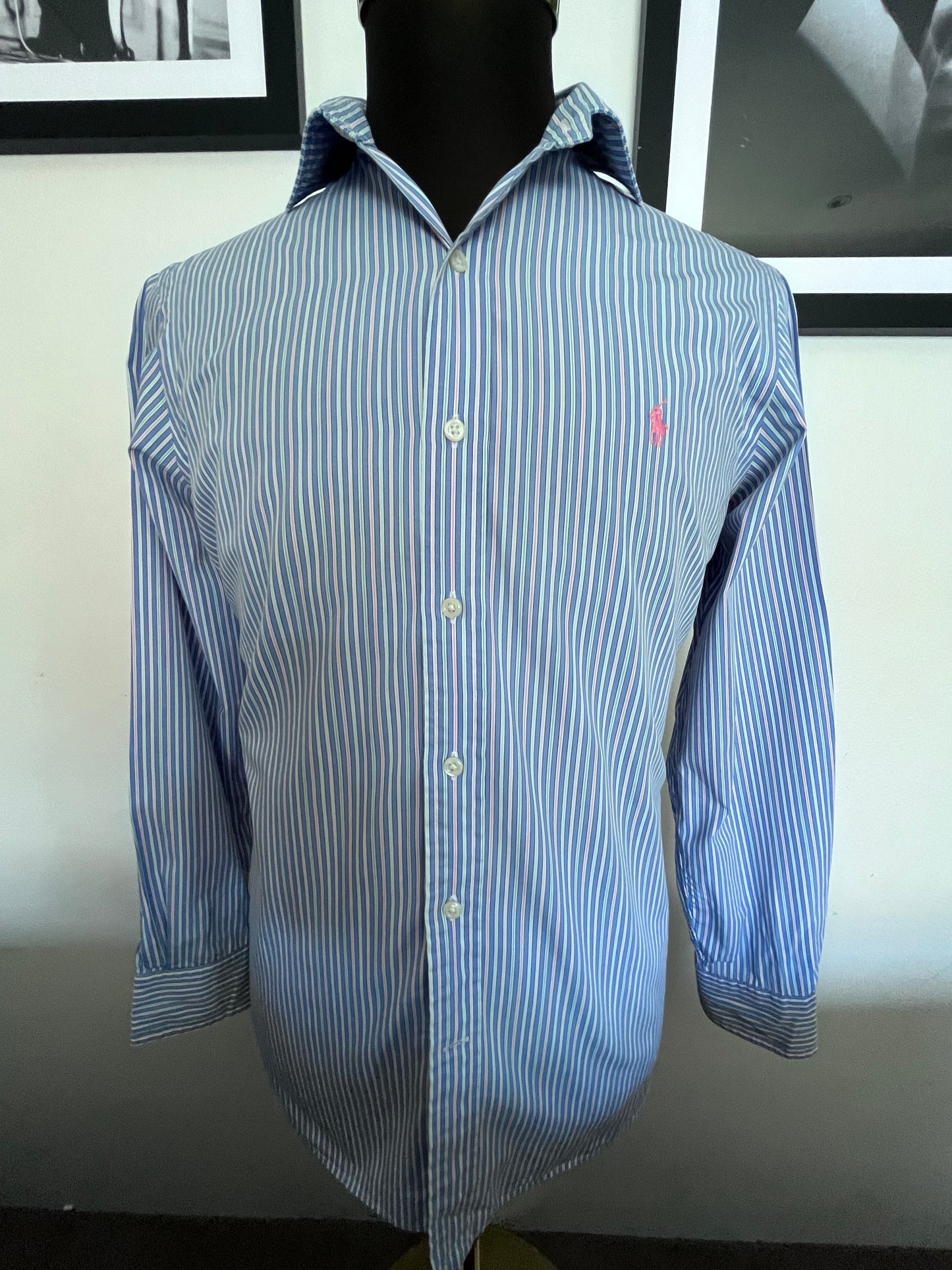 Ralph Lauren 100% Cotton Blue Pink Spread Collar Shirt Size S Classic Fit, Fits Small to Medium