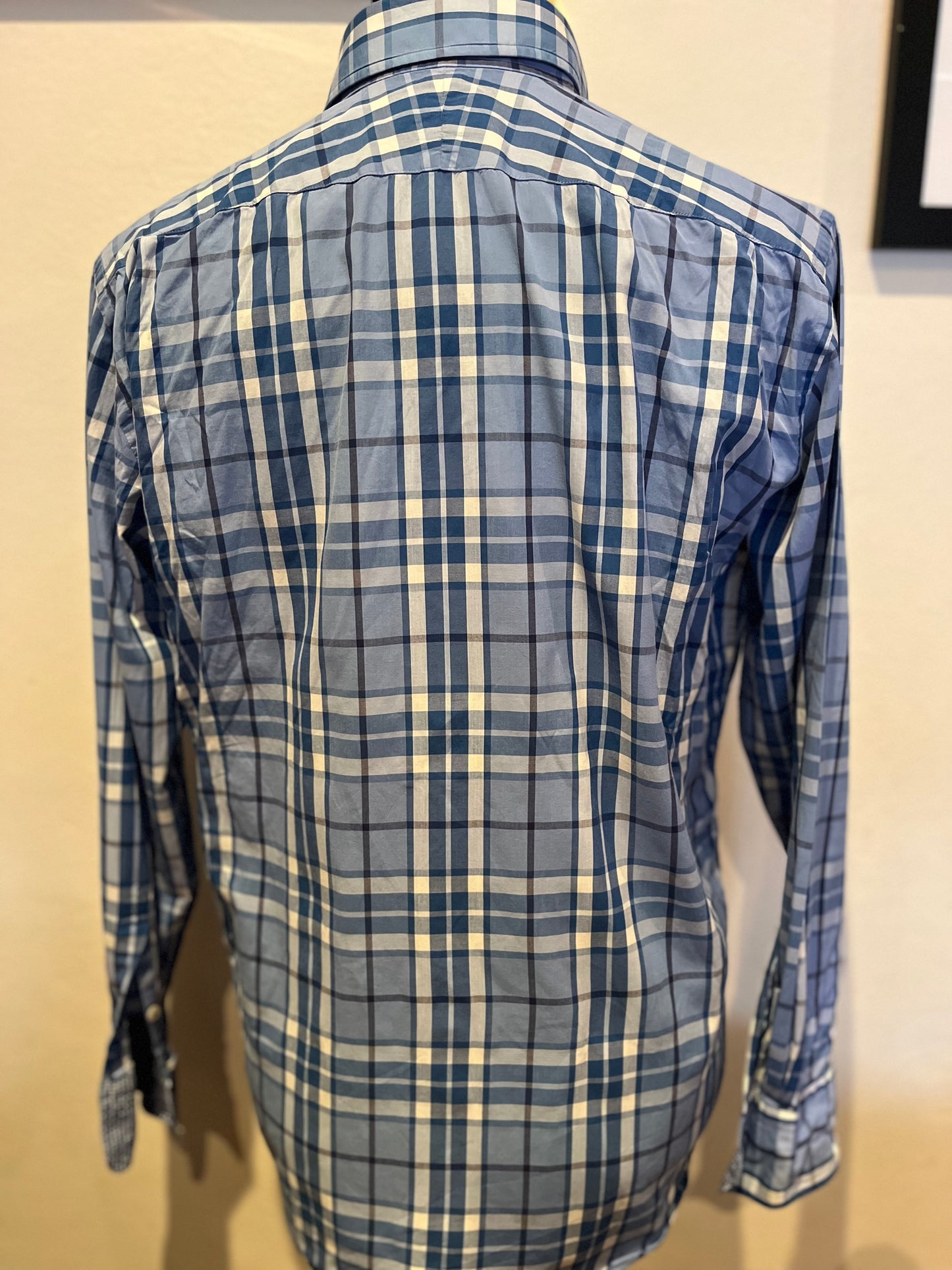 Herringbone 100% Cotton Blue Check Shirt Size Large Slim Fit
