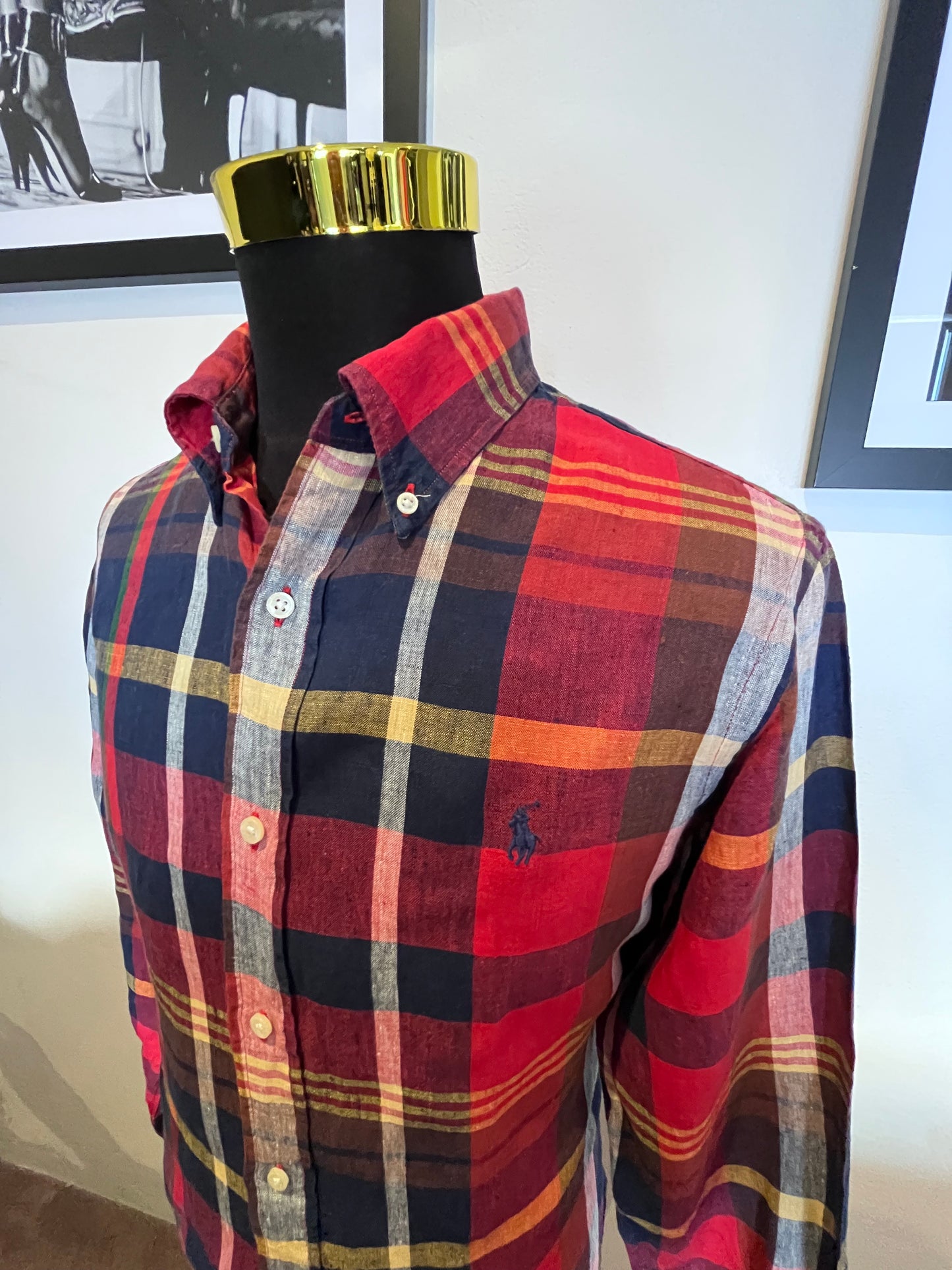 Ralph Lauren 100% Cotton Linen Check Shirt Size Large Custom Fit