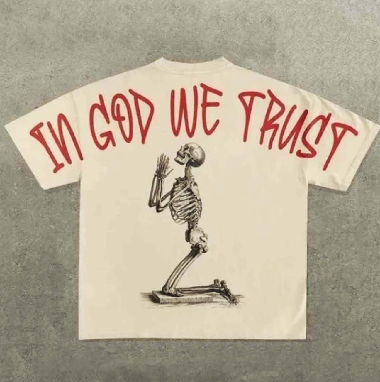 In God We Trust 100% Cotton Men’s Back Logo Cream Harajuku Tokyo Style T Shirt