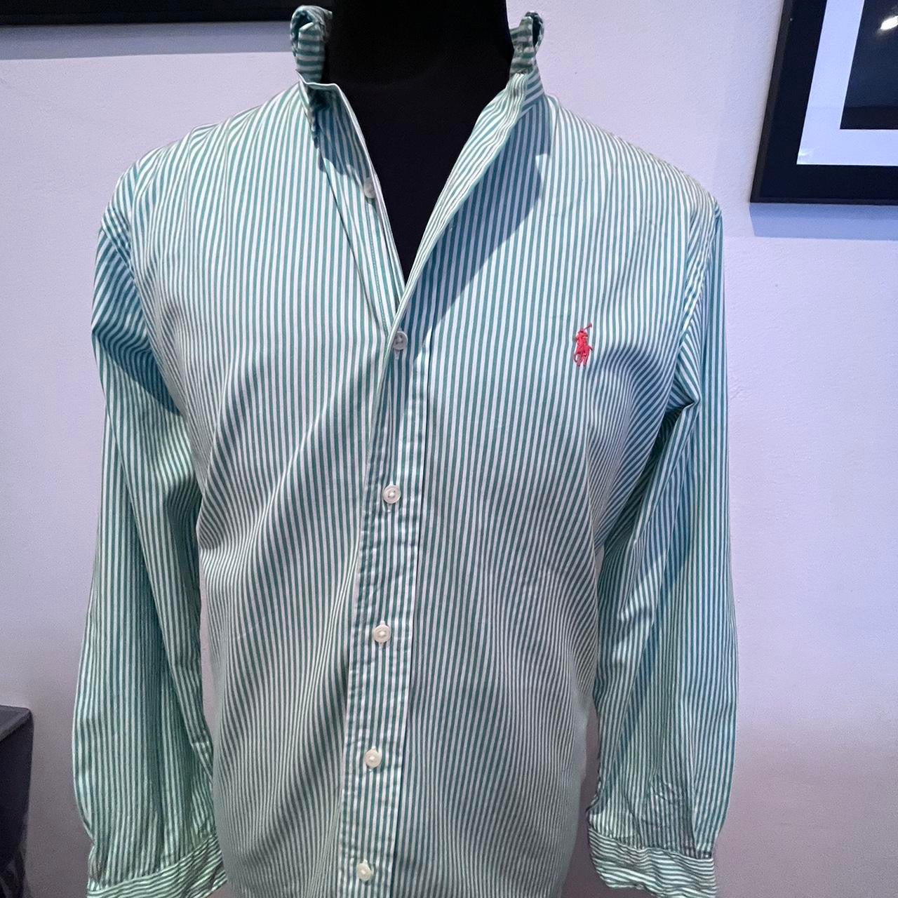 Ralph Lauren 100% Cotton Green Stripe Shirt Size L Custom Fit Button Down Collar