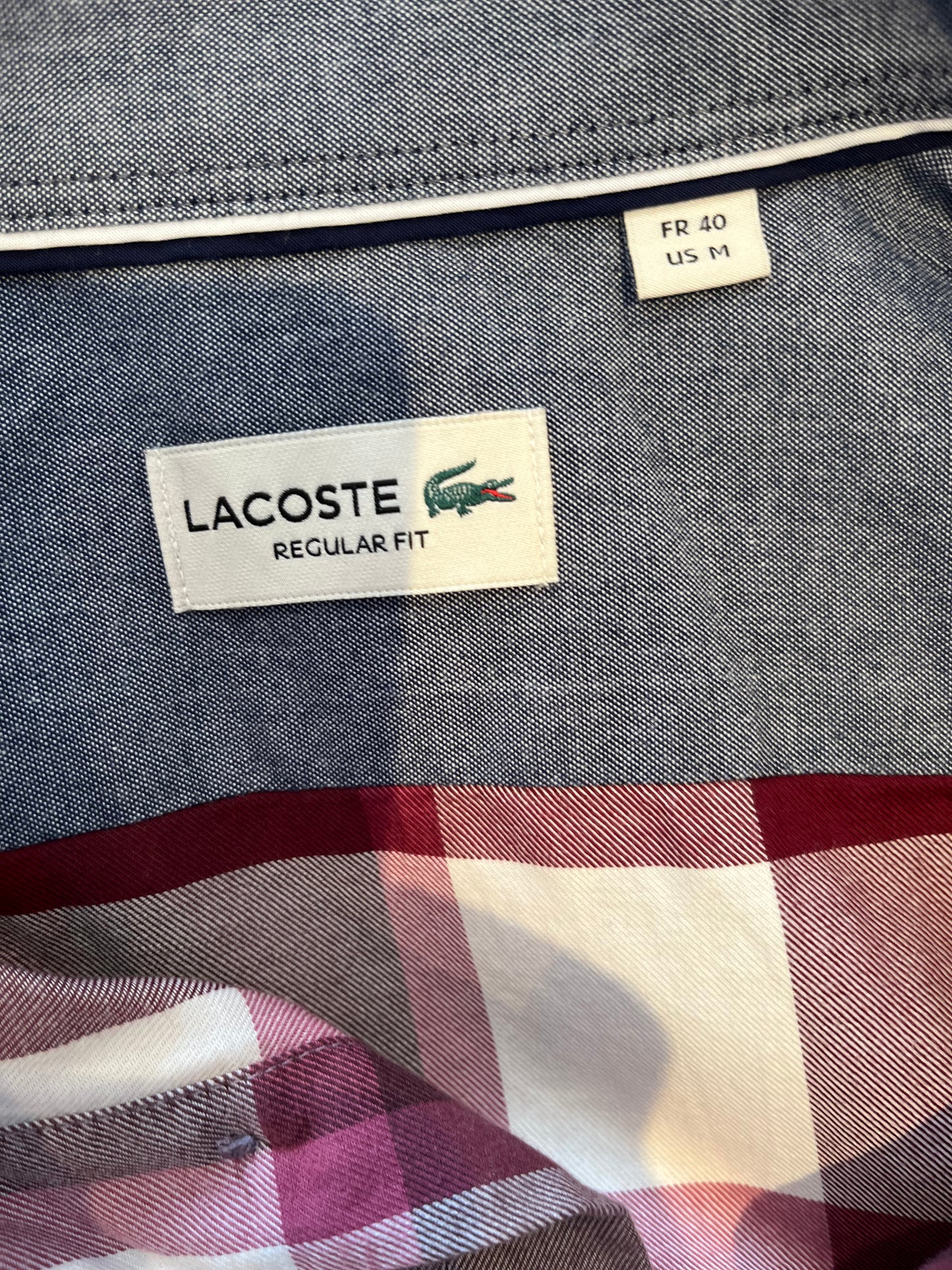 Lacoste 100% Cotton White Red Check Shirt Size M Regular Fit Button Down Collar