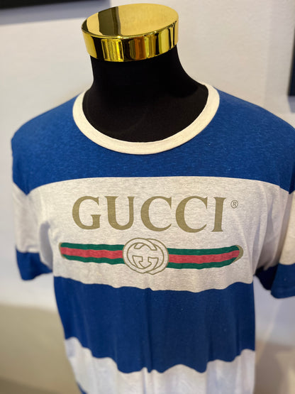 Gucci Block Stripe Logo 100% Cotton Tee Size Large Made In Italy fits Large to XL