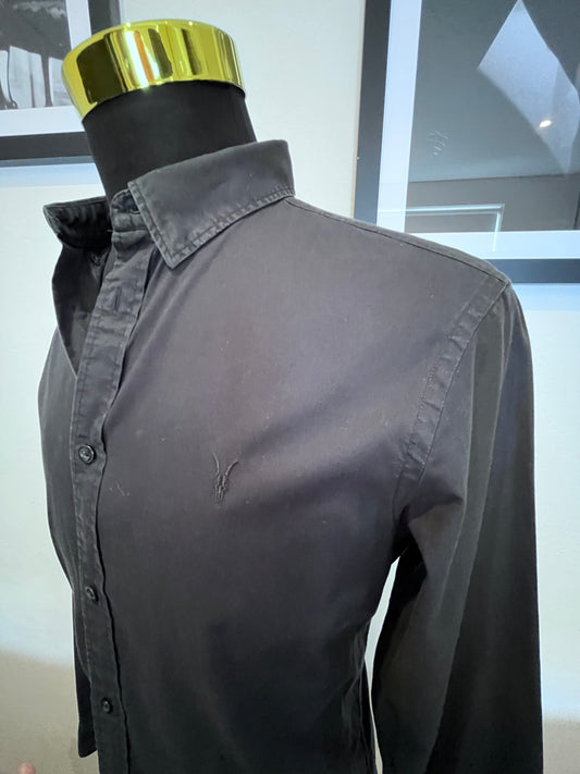 AllSaints 100% Cotton Black Shirt Size Medium Slim Fit Button Down Collar