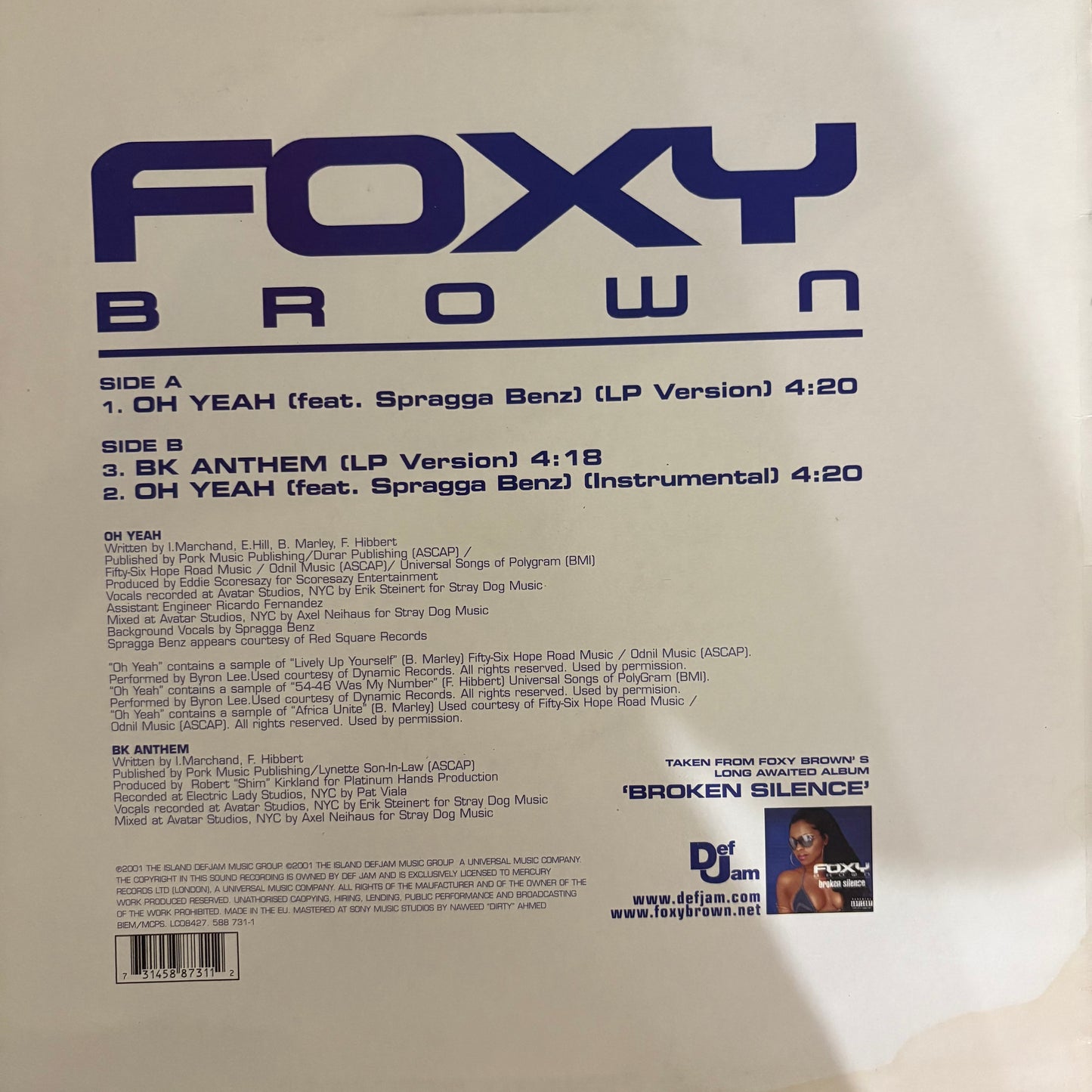 Foxy Brown “Oh Yeah” 3 Track 12inch vinyl record