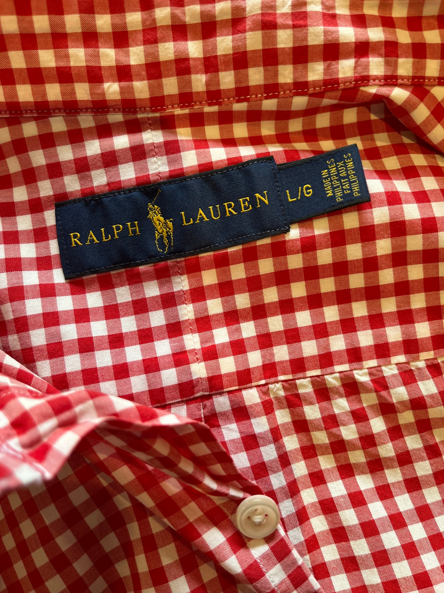Ralph Lauren 100% Cotton Red Gingham Shirt Size L Classic Fit Button Down Collar