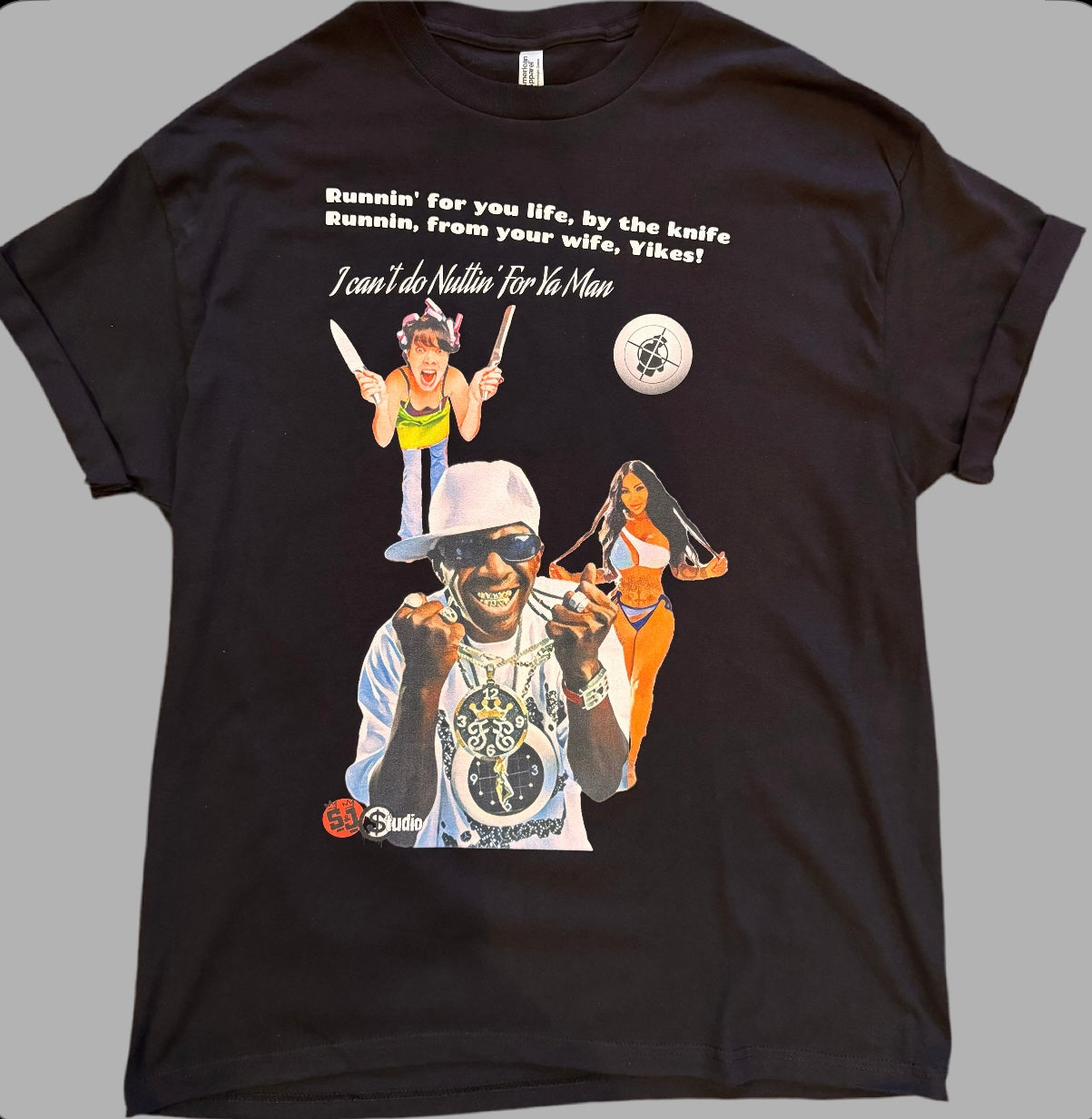 Street & Juice Flavor Flav Public Enemy “Can’t Do Nuttin For Ya Man” 100% Cotton Black Chest Logo T Shirt