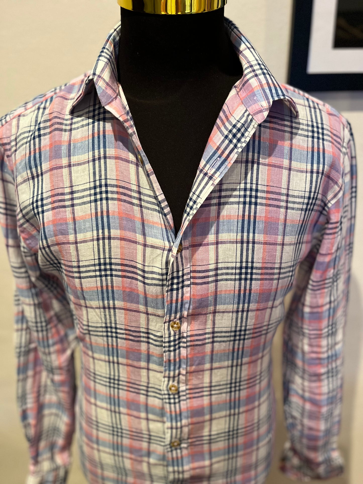 MJ Bale 100% Linen Pink White Check Shirt Cuban Fit