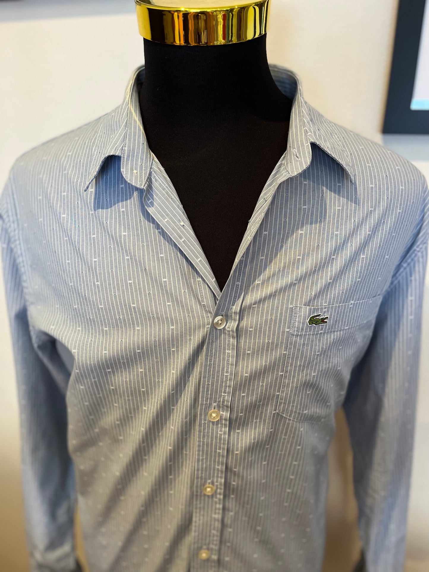 Lacoste 100% Cotton Blue White Stripe Shirt Size L Classic Fit Button Down Collar