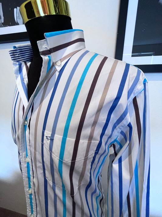 Paul & Shark 100% Cotton White Blue Striped Shirt Size Large Made In Italy Button Down Collar