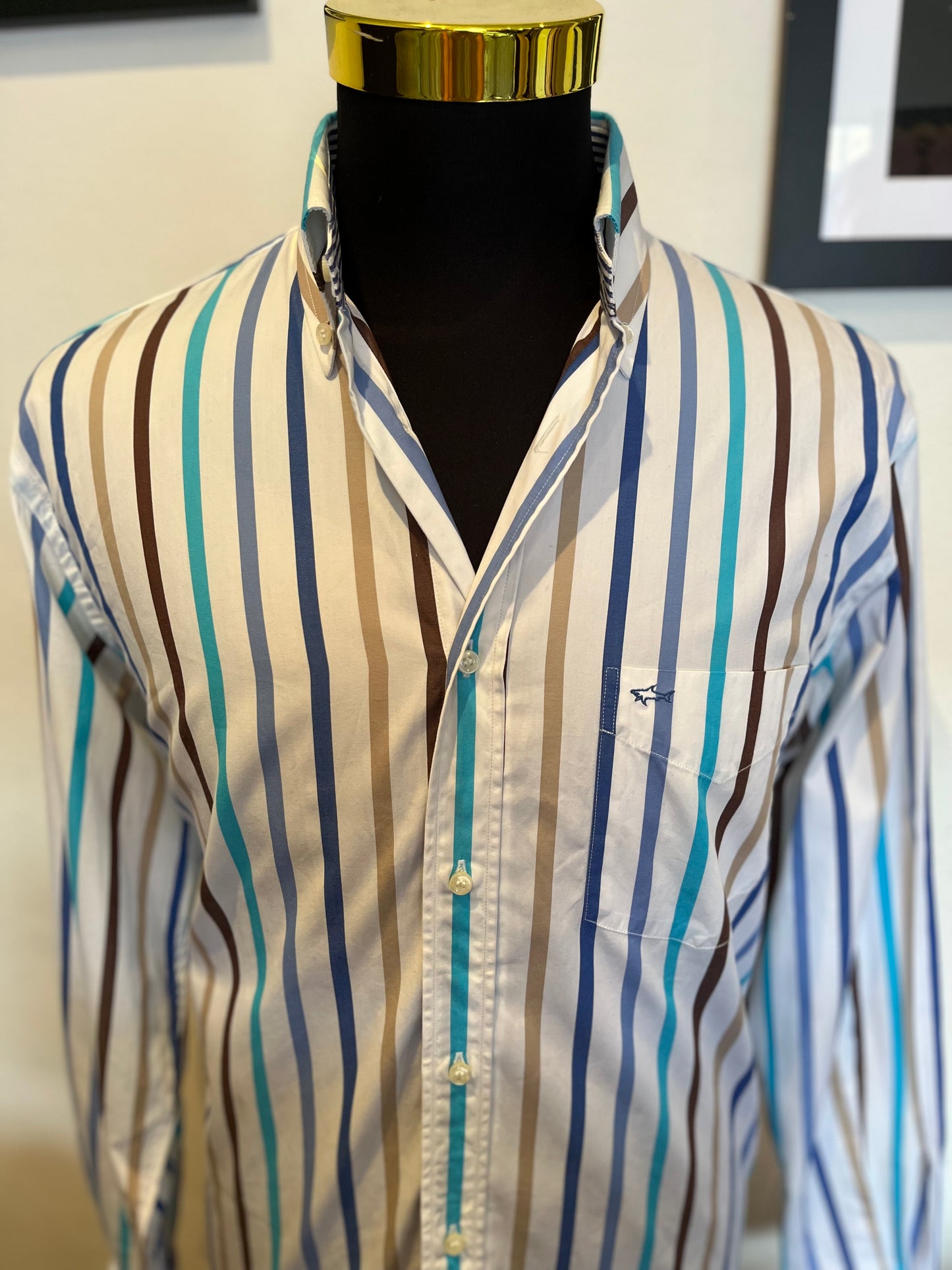 Paul & Shark 100% Cotton White Blue Striped Shirt Size Large Made In Italy Button Down Collar