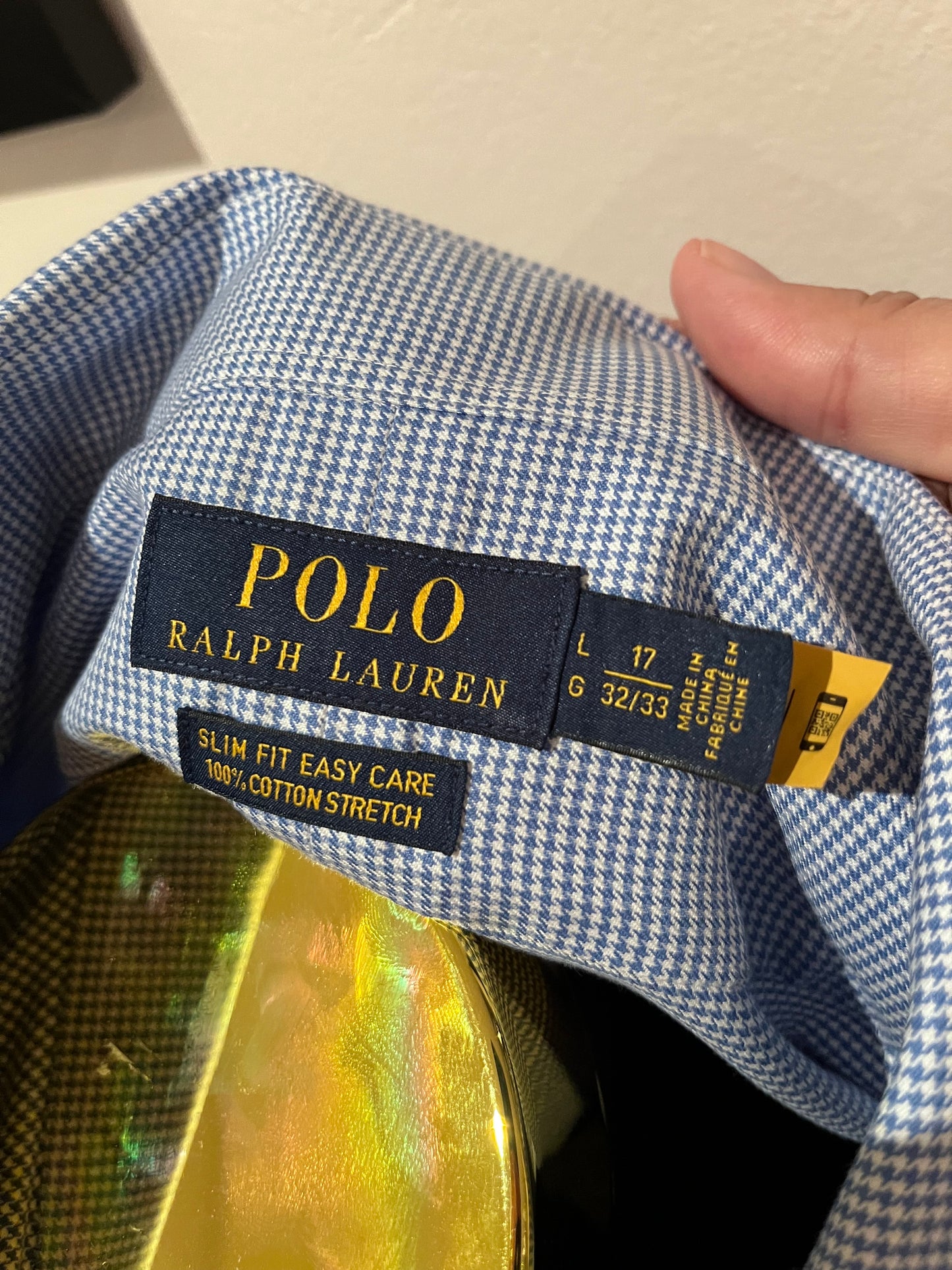Ralph Lauren 100% Stretch Cotton Slim Fit Blue Check Shirt Size Large