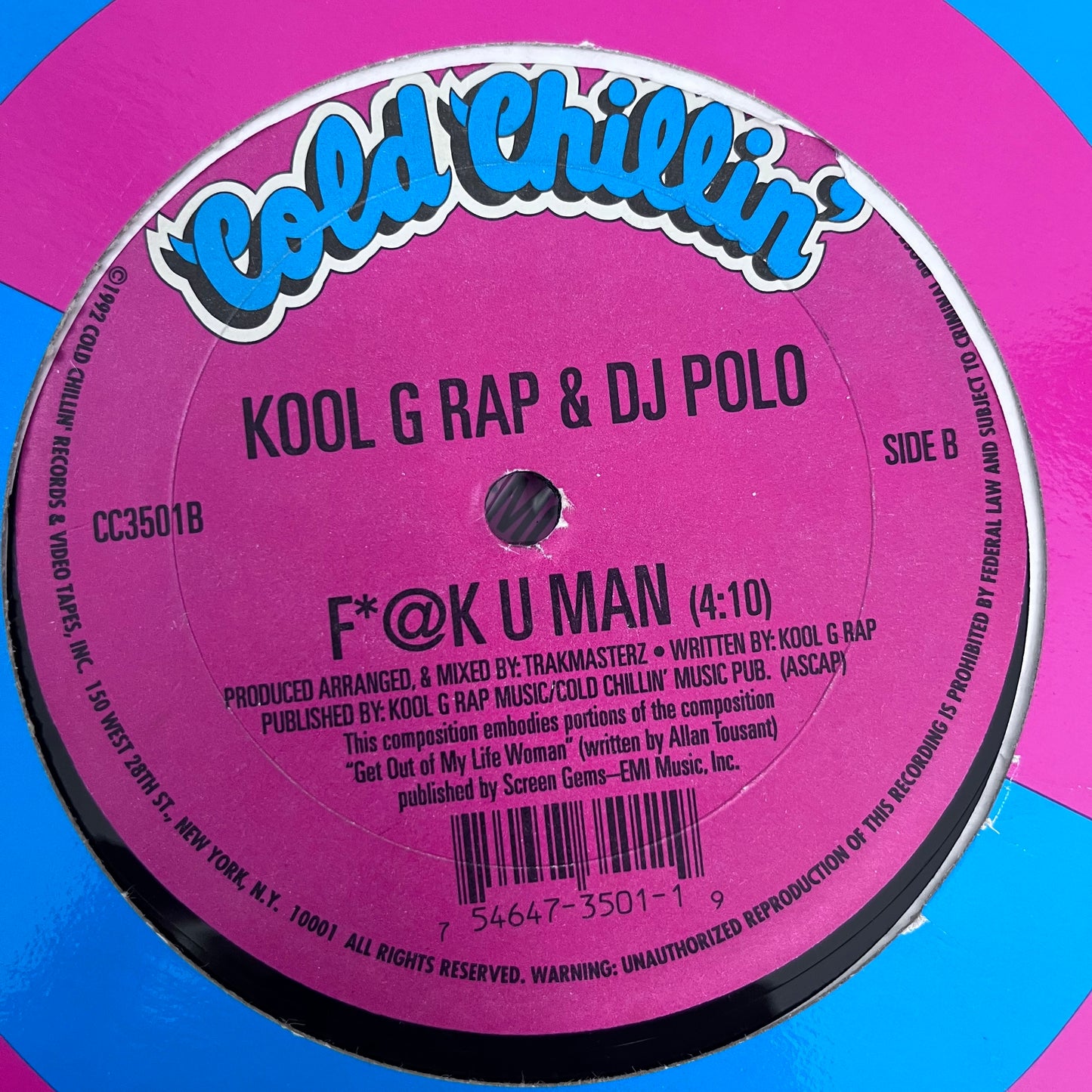Kool G Rap & Dj Polo “Talk Like Sex” / “F*@k You Man” 2 Track 12inch Vinyl Record on Cold Chillin Records