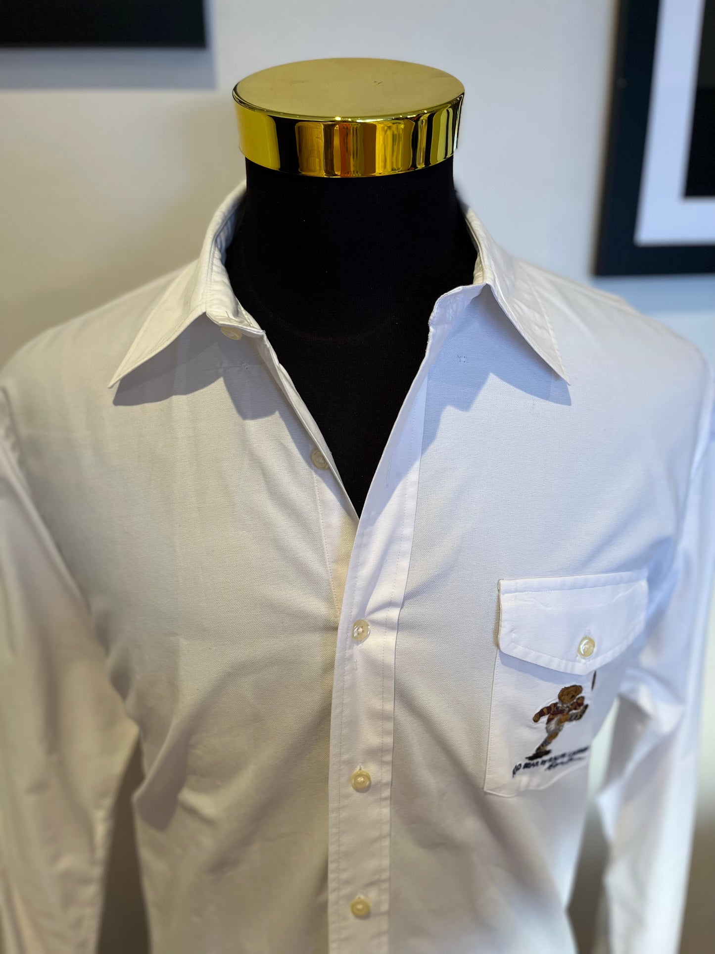 Ralph Lauren 100% Cotton Classic Fit White Shirt Size Large Teddy Bear Motif