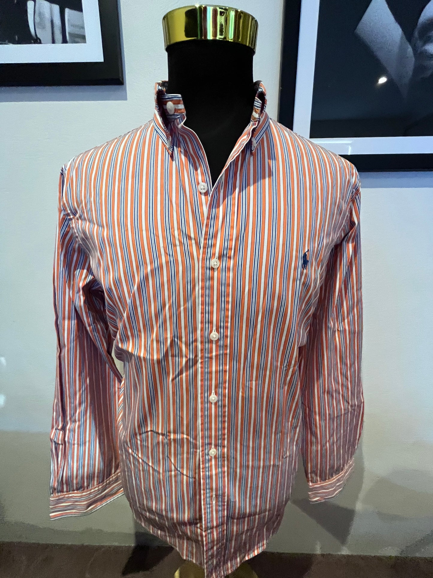 Ralph Lauren 100% Cotton Custom Fit Orange Stripe Shirt Size Large Button Down Collar