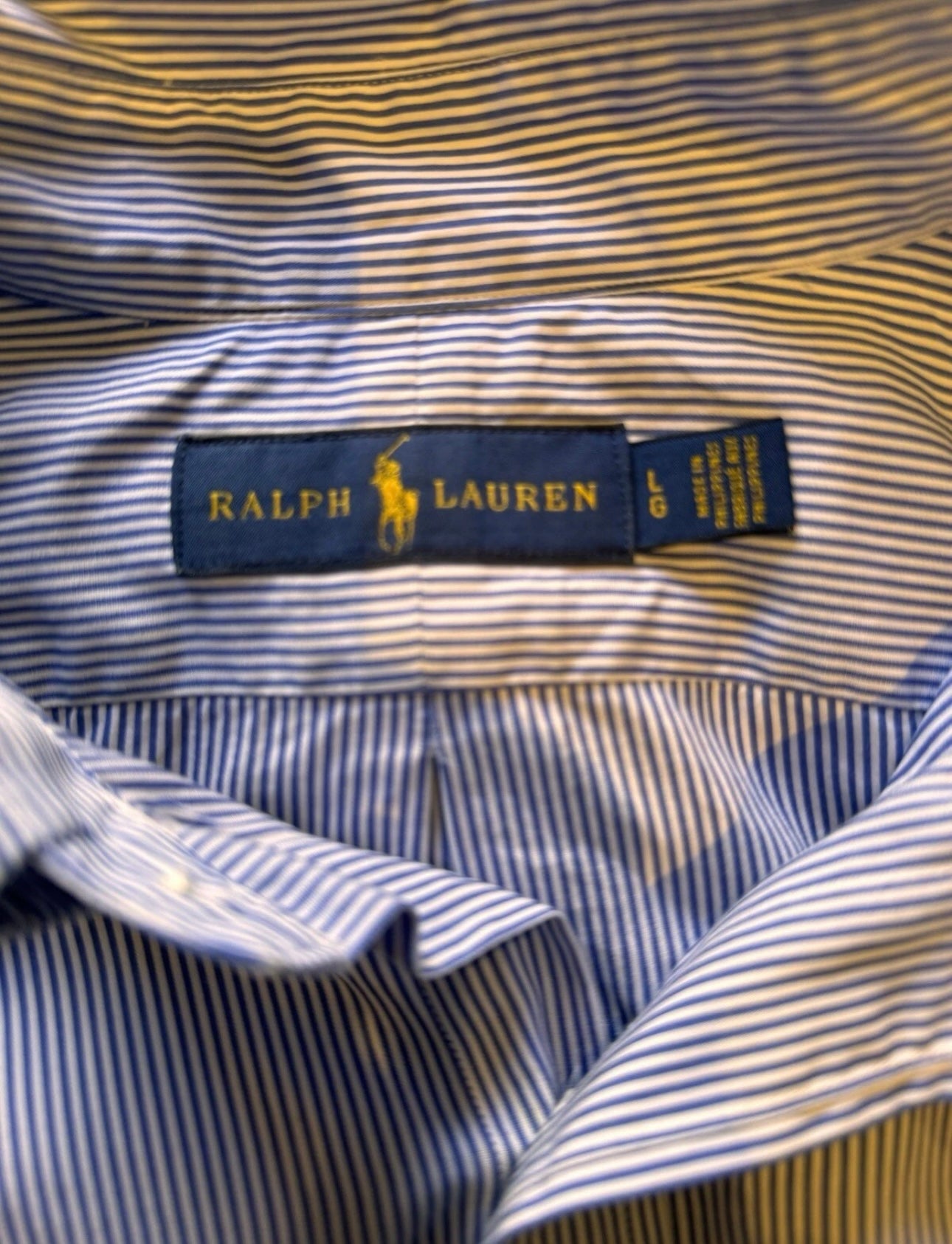Ralph Lauren 100% Cotton Blue White Striped Classic Fit Size Large Button Down