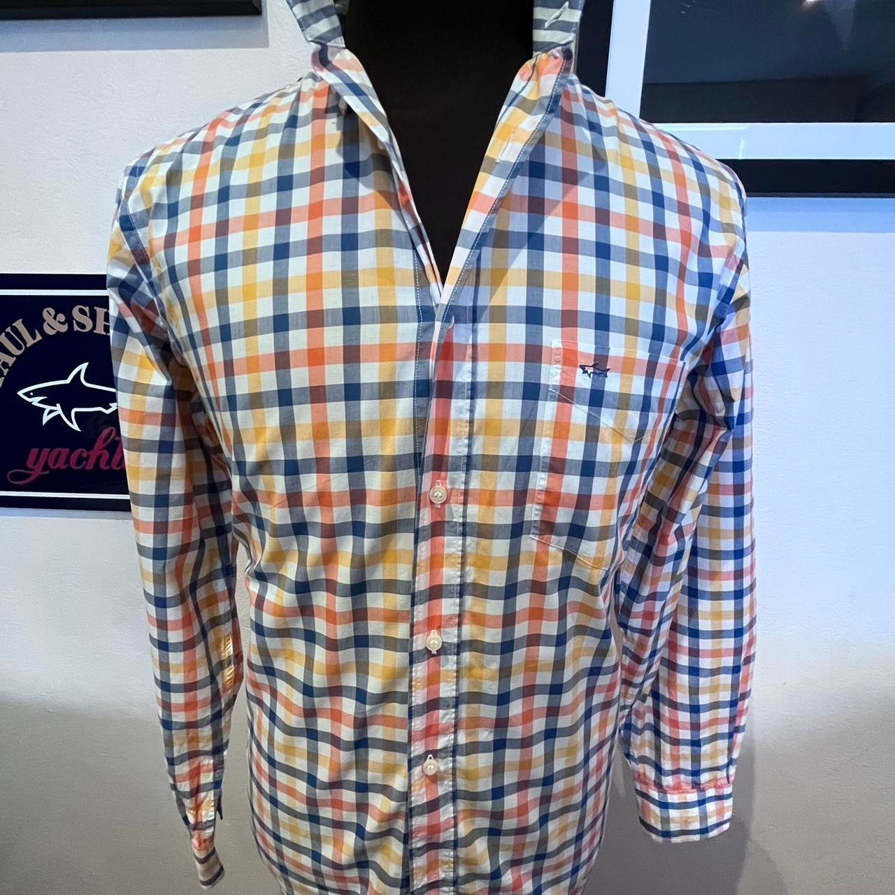 Paul & Shark 100% Cotton White Orange Blue Check Shirt Size M made in Italy