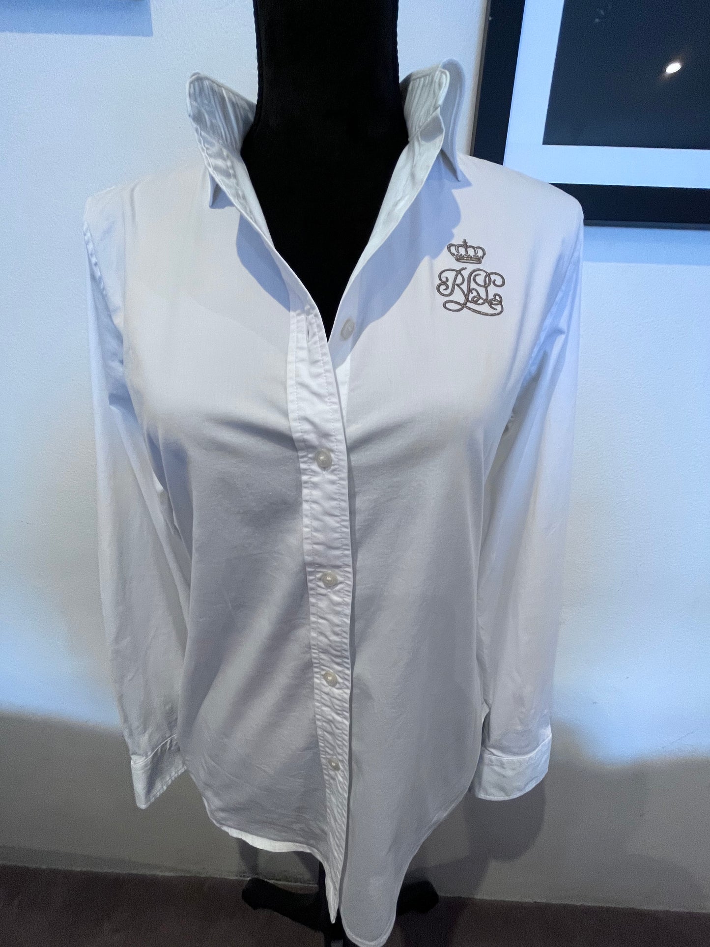 Ralph Lauren Women’s 100% Cotton Gold Logo Embroidered Shirt Size L Slim Fit