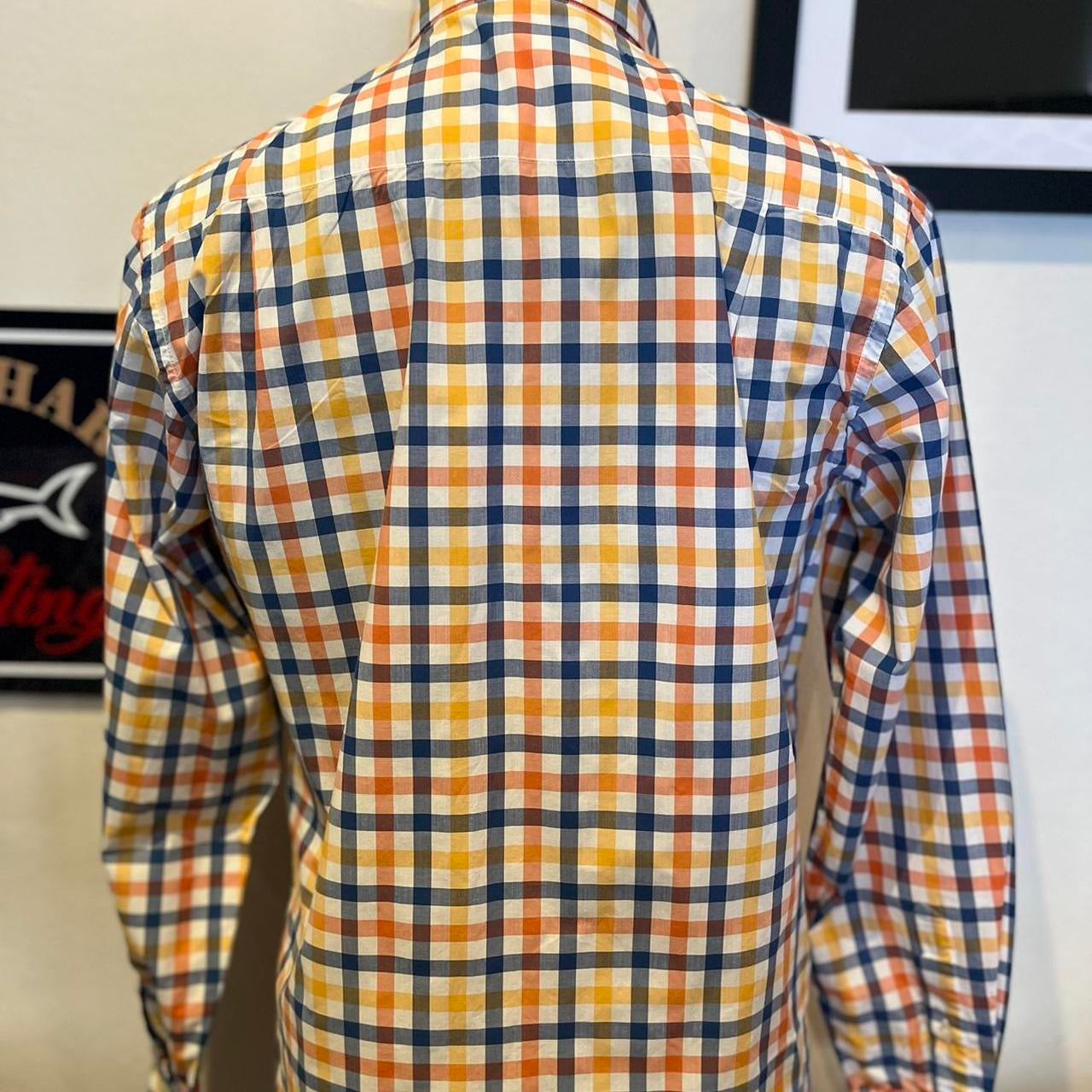 Paul & Shark 100% Cotton White Orange Blue Check Shirt Size M made in Italy