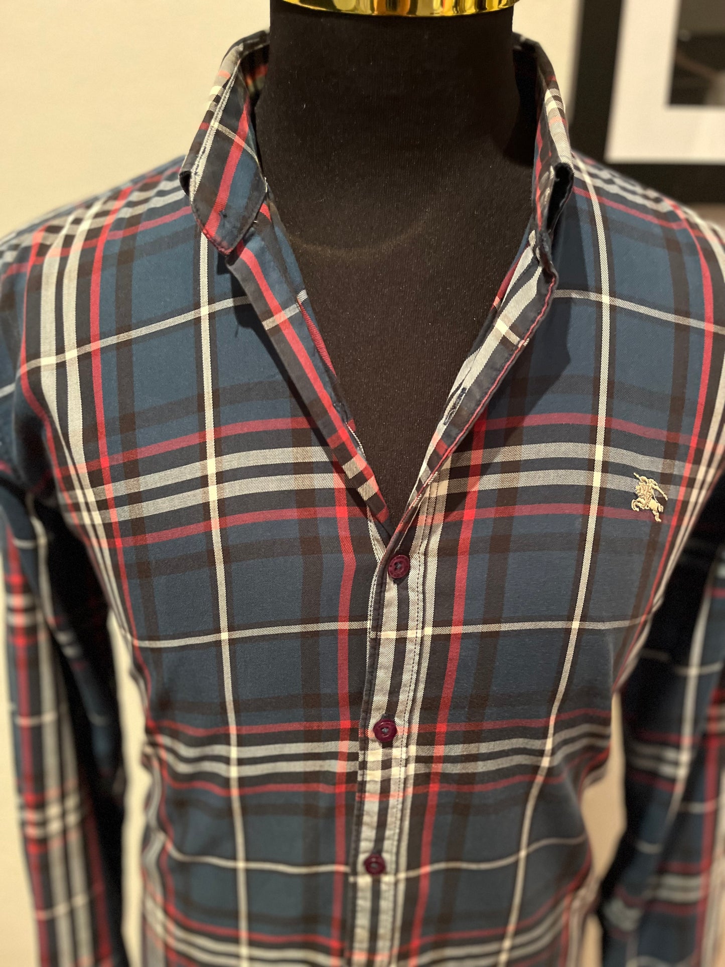 Burberry 100% Cotton Blue Pink Check Shirt Size XL fits More Like L Classic Fit