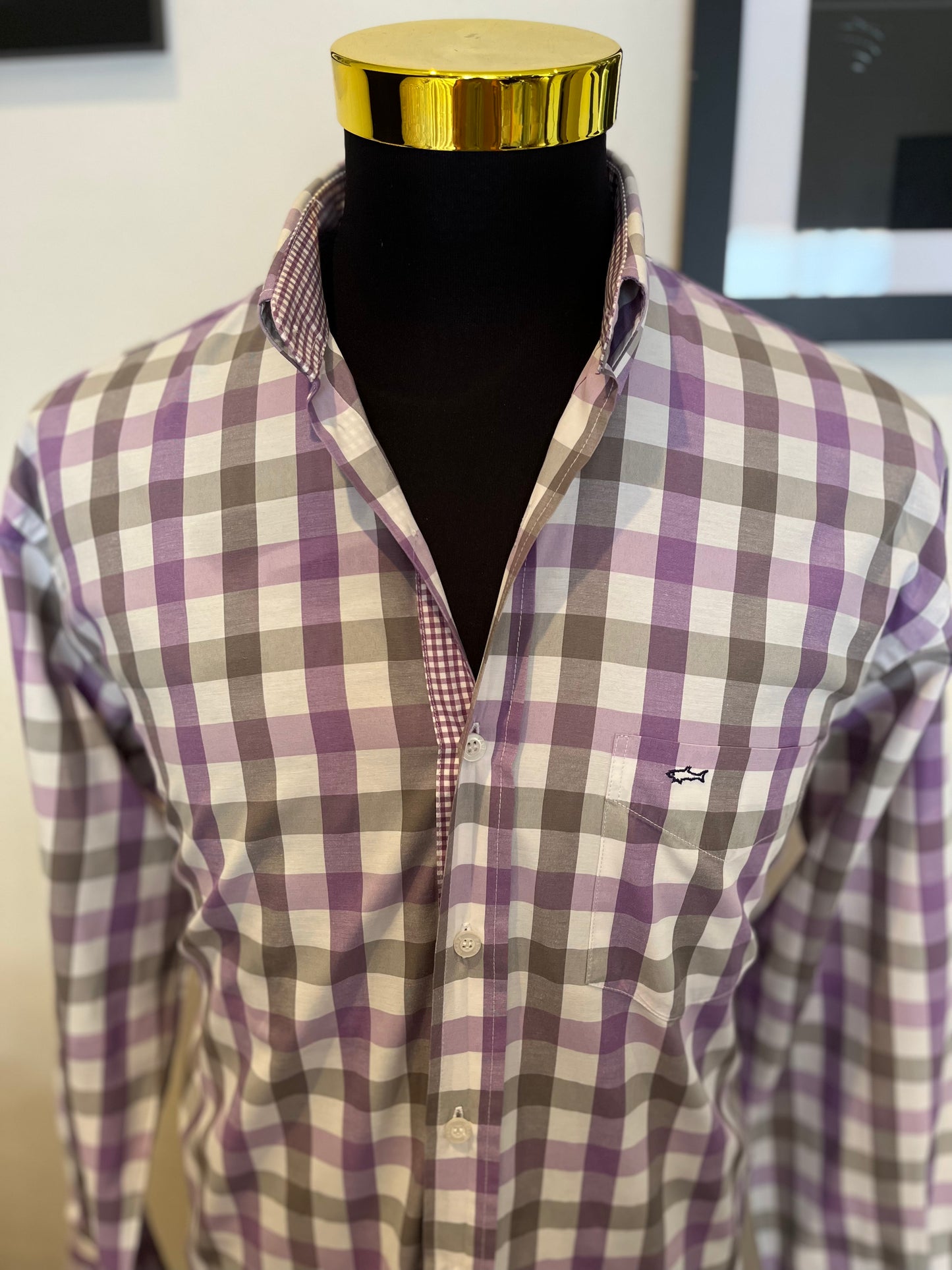 Paul & Shark 100% Cotton Purple White Check Shirt Size Large Made in Italy