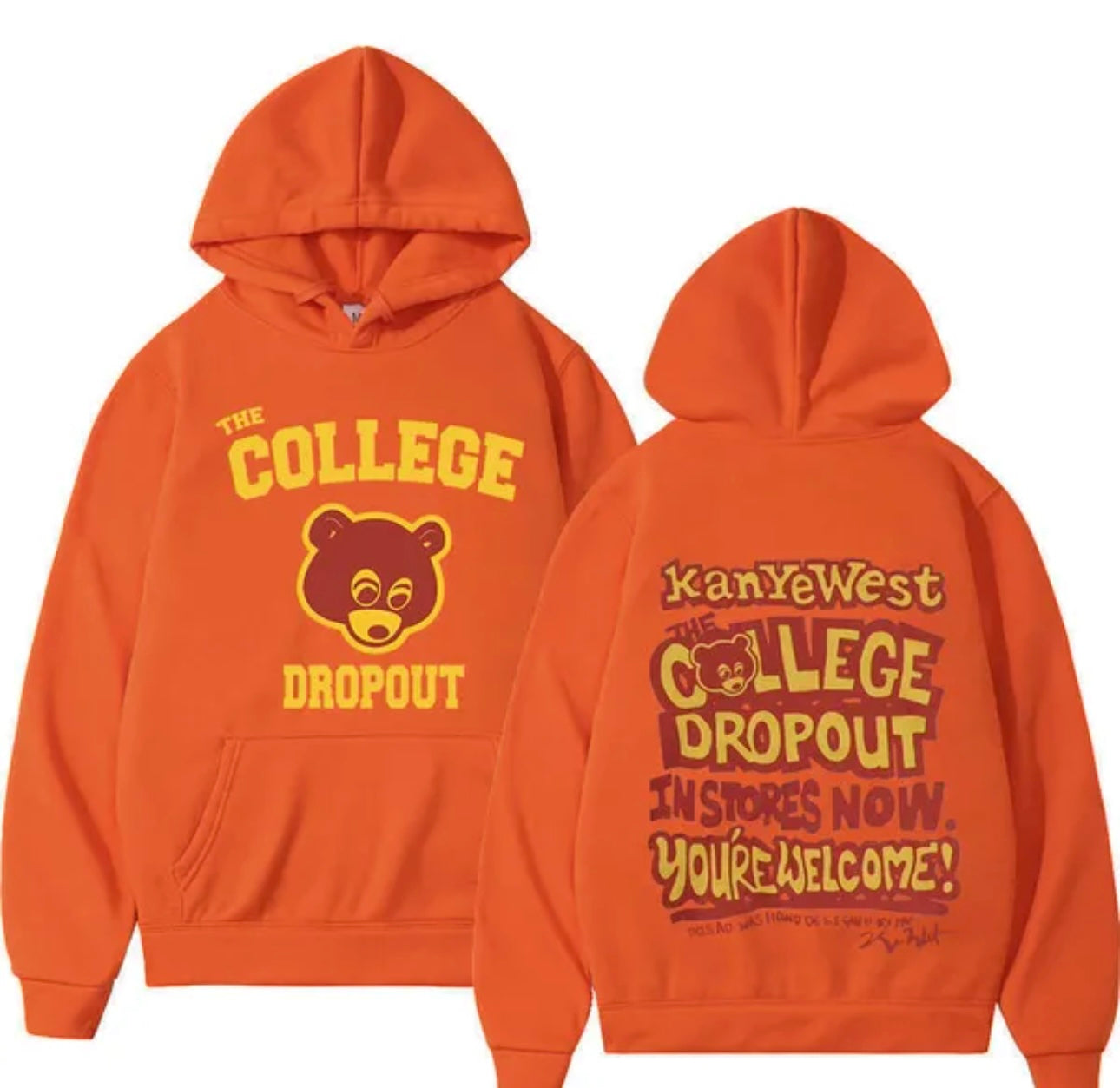Kanye West 100% Fleece Orange Hoodie “The College Drop Out” Chest Back Logo Print