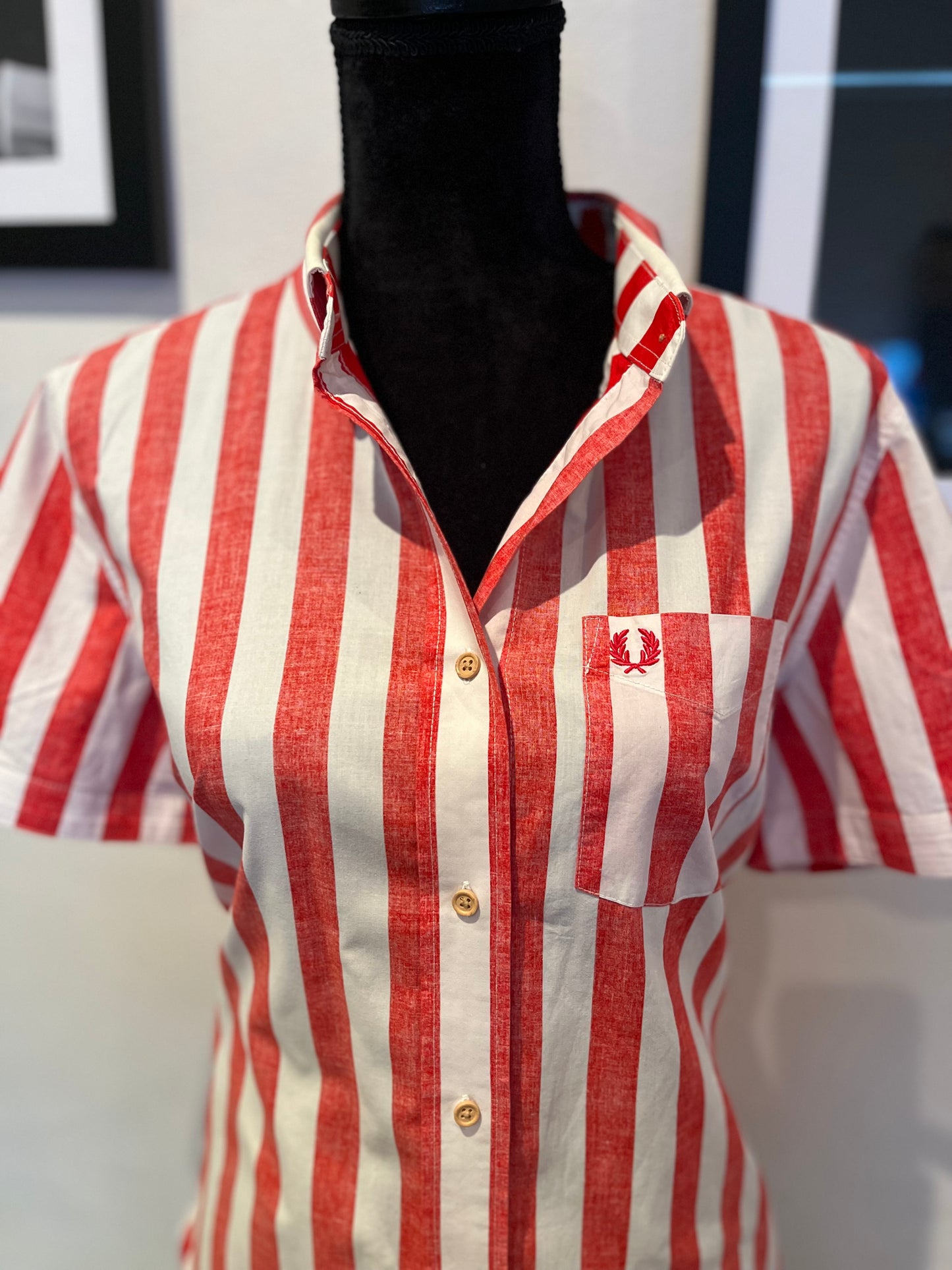 Fred Perry Women’s 100% Cotton Red White Stripe Shirt Slim Fit Size 16
