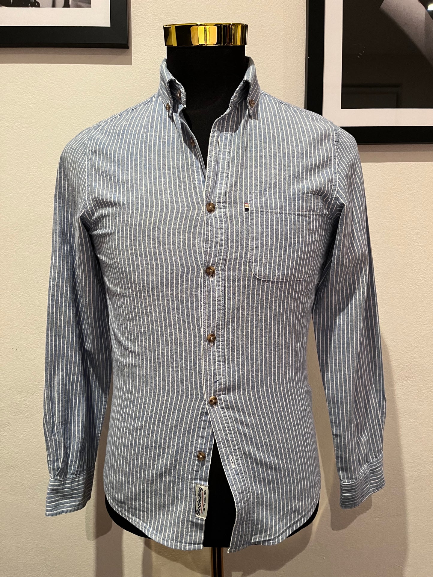 The Academy Brand 100% Cotton Blue White Stripe Shirt Size XS Slim Fit