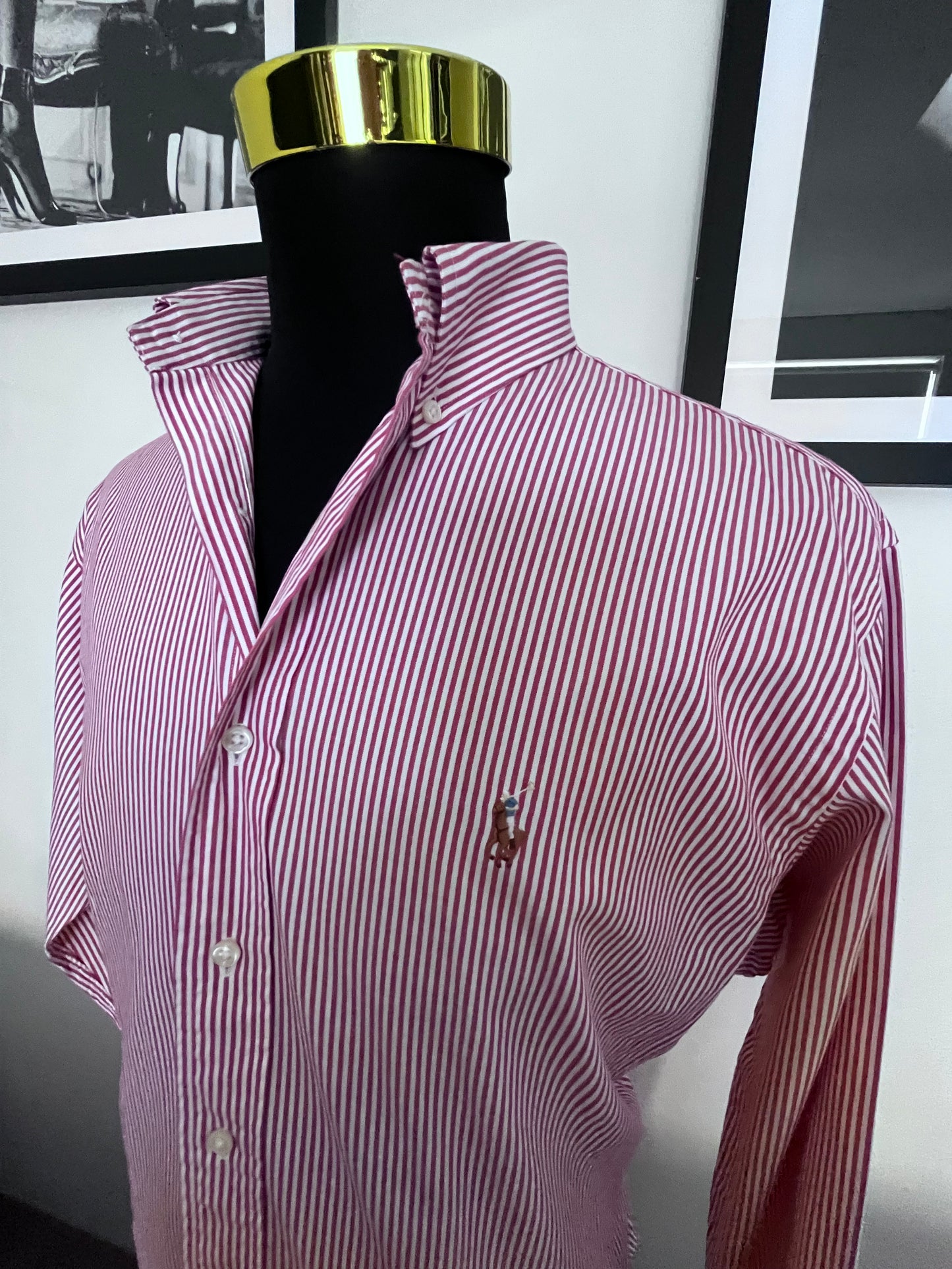 Ralph Lauren 100% Cotton White / Red Strip Shirt Size L Classic Fit, Fits L to XL