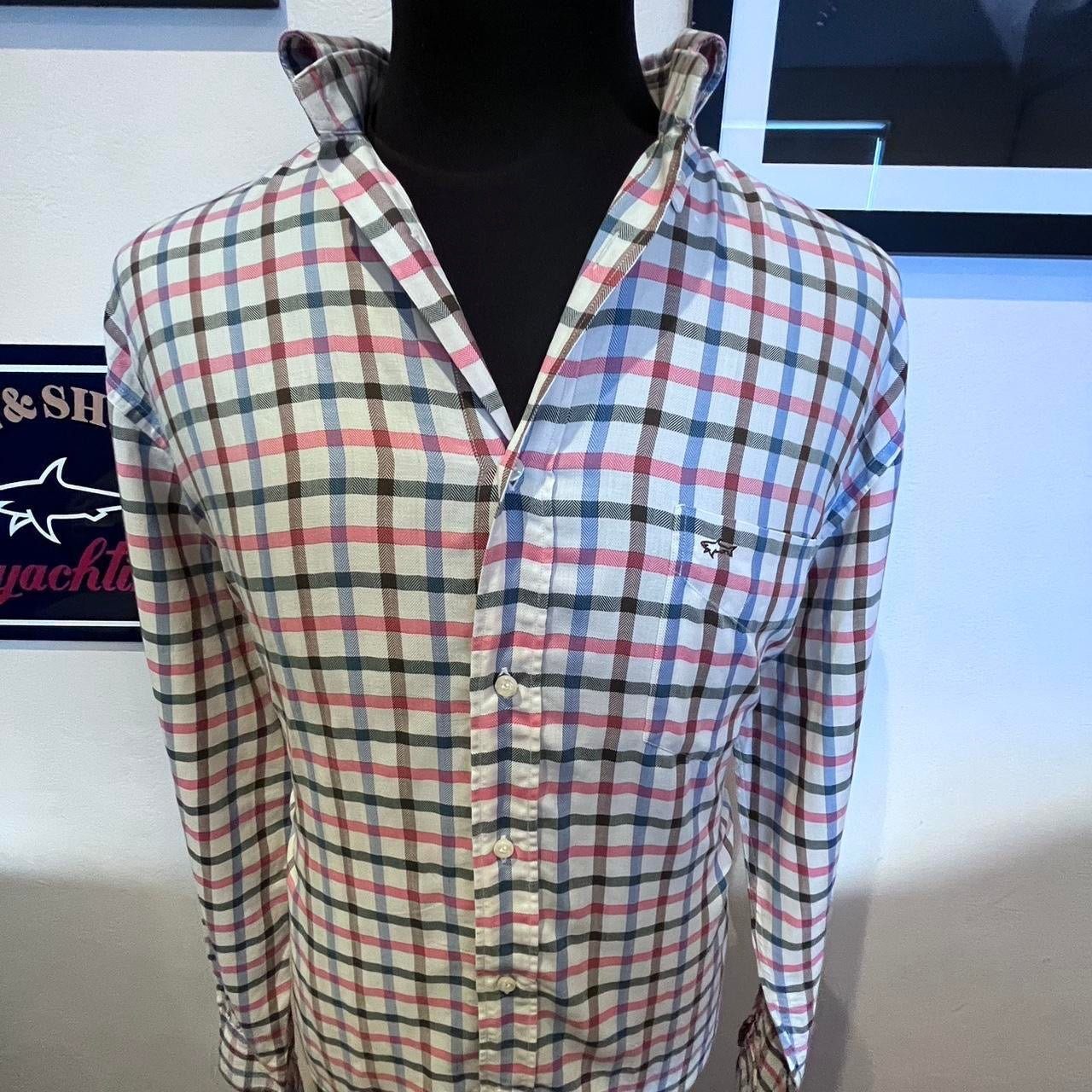 Paul & Shark 100% Cotton White Blue Pink Check Shirt Size 43 L made in Italy