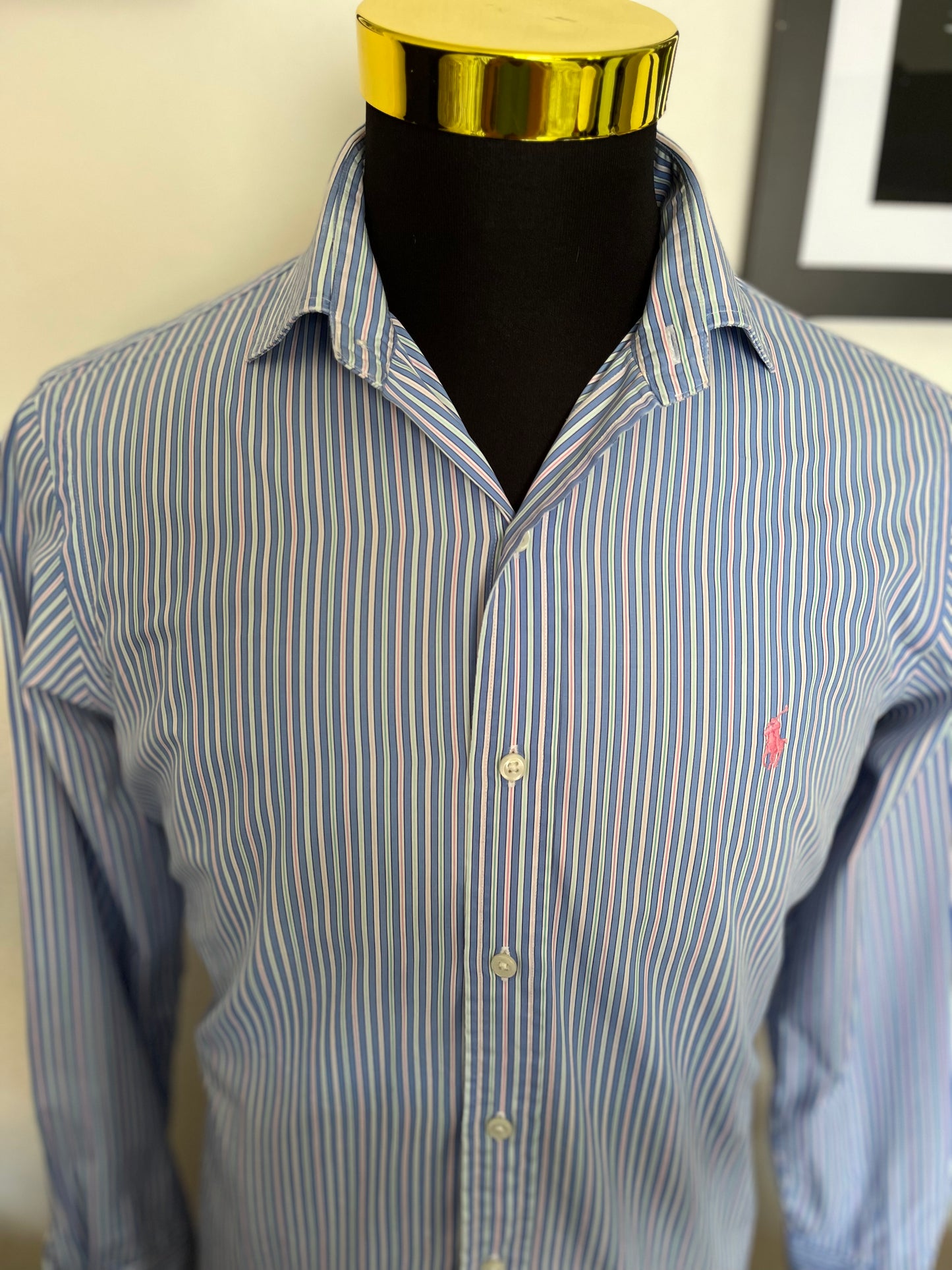 Ralph Lauren 100% Cotton Blue Pink Spread Collar Shirt Size S Classic Fit, Fits Small to Medium
