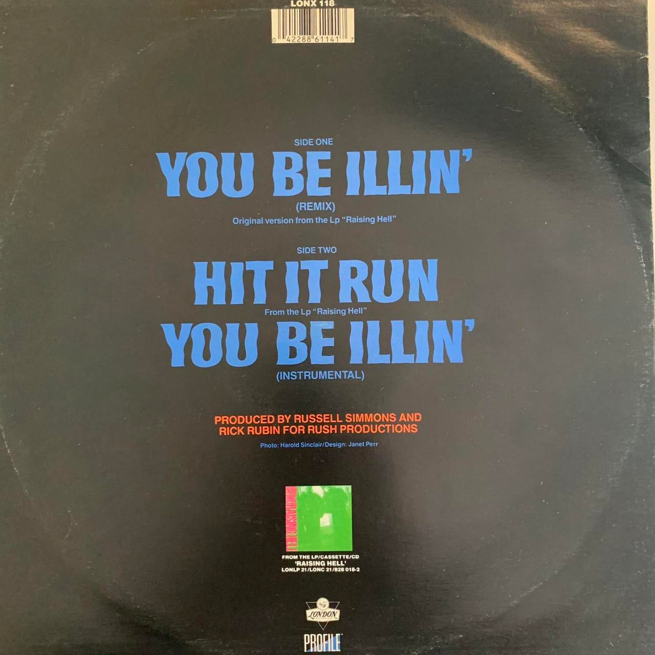 RUN DMC “You’ll Be illin” / “Hit It Run” 3 Track 12inch Vinyl Single Track Listing In Photos Featuring Remix and Instrumentals