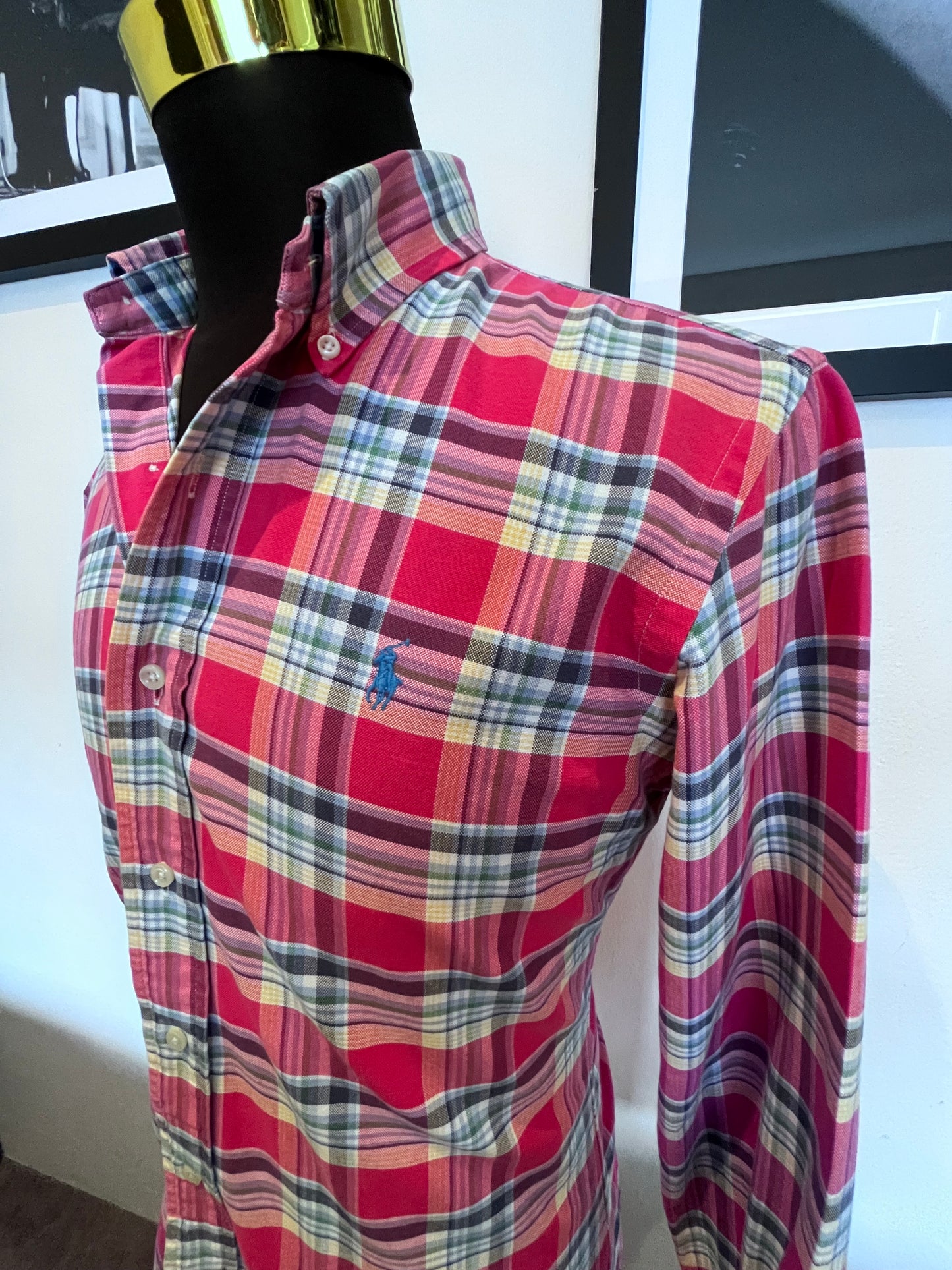 Ralph Lauren 100% Cotton Red Check Shirt Size Medium Fits S to M Custom Fit