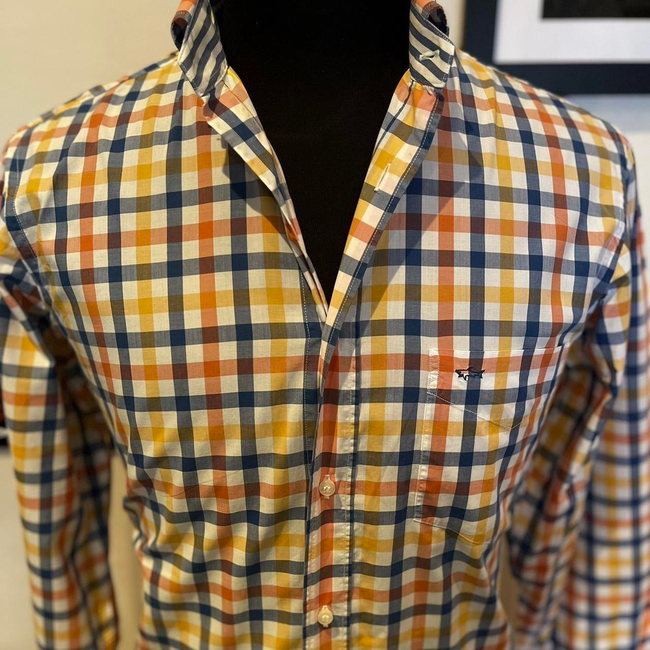 Paul & Shark 100% Cotton White Orange Blue Check Shirt Size M made in Italy