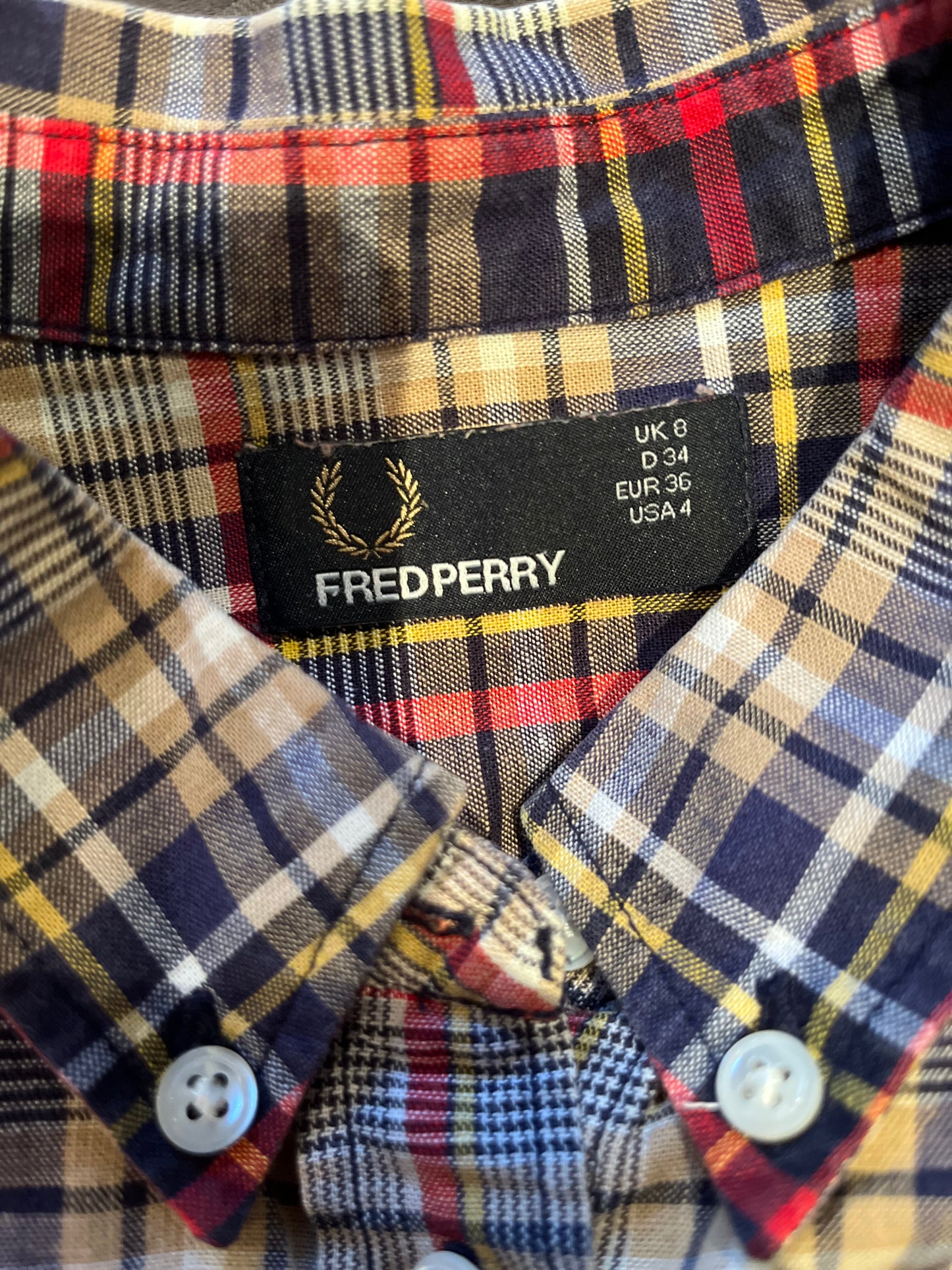 Fred Perry Women’s 100% Cotton Blue Red Check shirt Slim Fit Size UK8