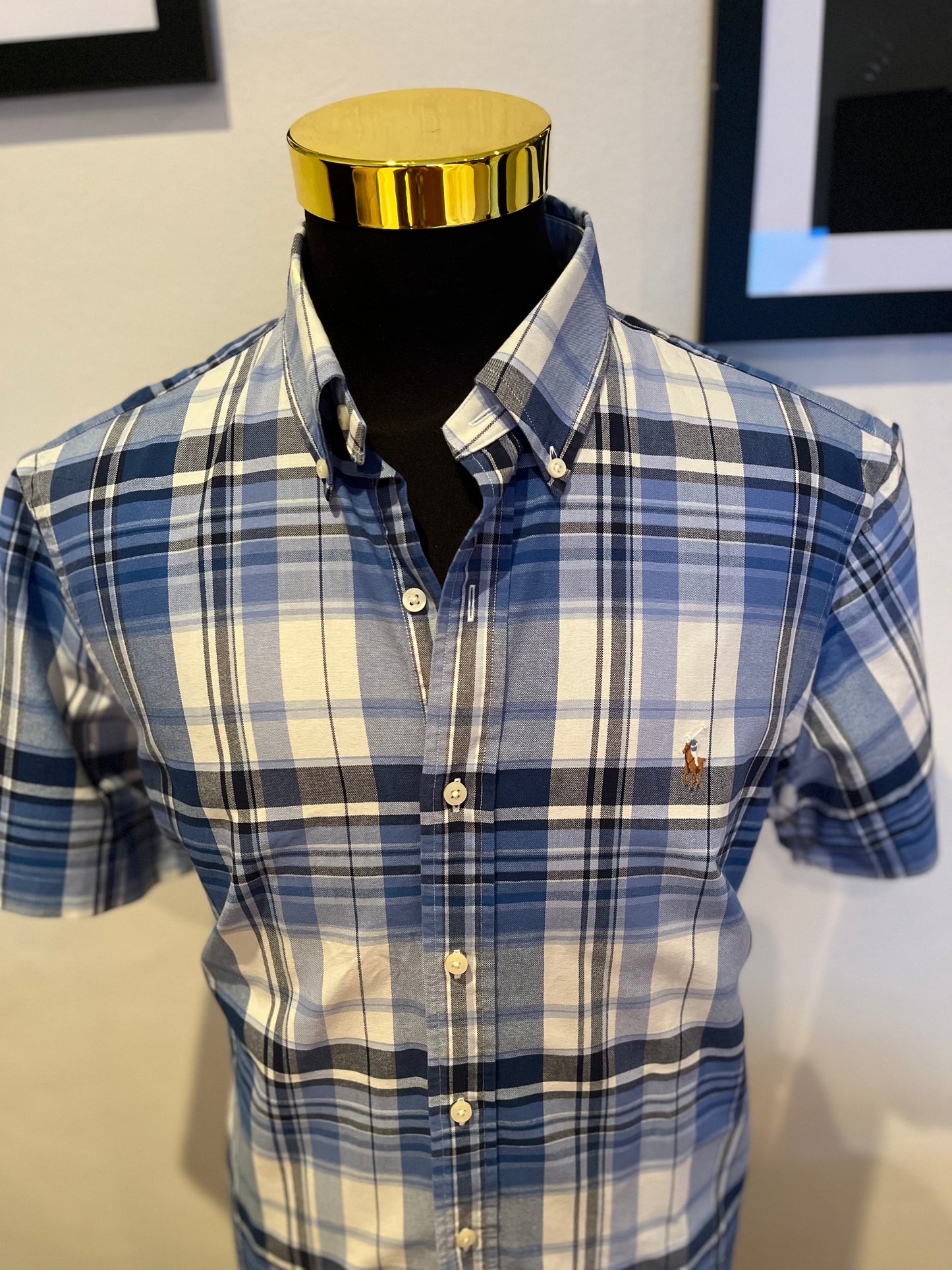 Ralph Lauren 100% Cotton Blue / White Check Short Sleeve Classic Fit Shirt Size L