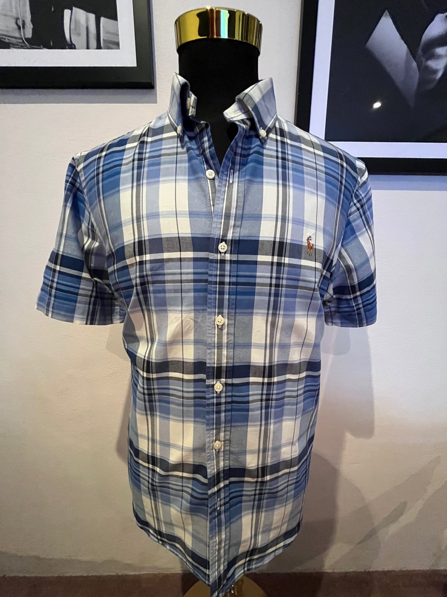 Ralph Lauren 100% Cotton Blue / White Check Short Sleeve Classic Fit Shirt Size L