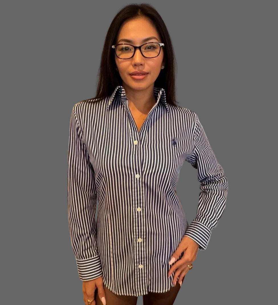 Ralph Lauren Women's 100% Cotton Blue White Striped Shirt Slim Fit Siz –  Classic wax records
