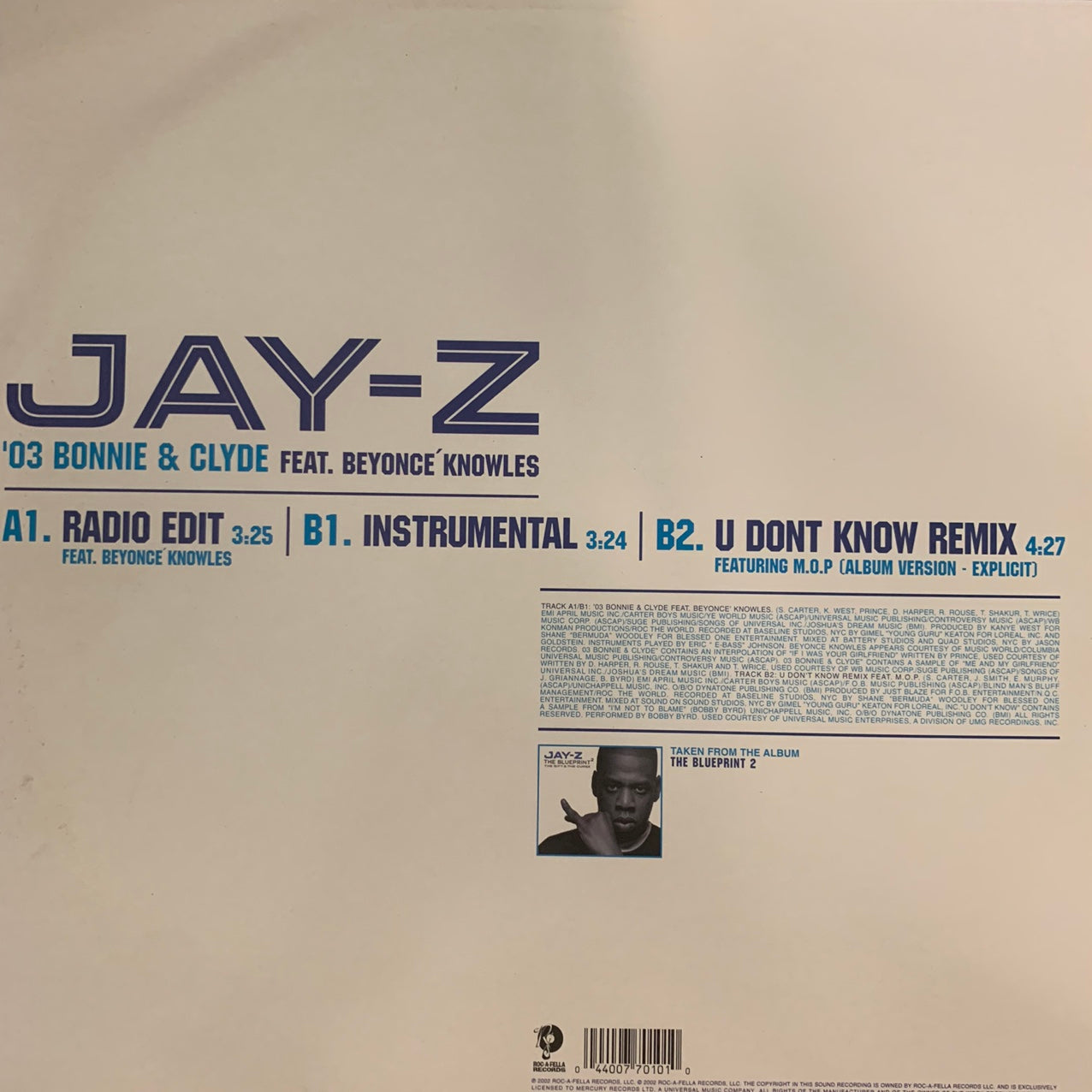 Jay-Z Feat Beyoncé “03 Bonnie $ Clyde” 3 Track 12inch Vinyl