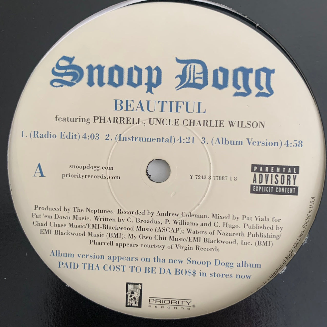 Snoop Dogg Feat Pharrell & Charlie Wilson “Beautiful” / “Ballin” Feat The Dramatics and Lil Half Dead 5 Version 12inch Vinyl