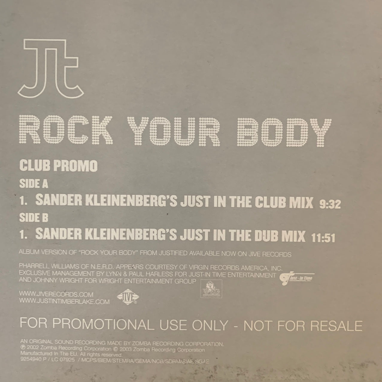 Justin Timberlake “Rock Your Body” The Sander Kleinenbergs remixes 2 Track 12inch Vinyl
