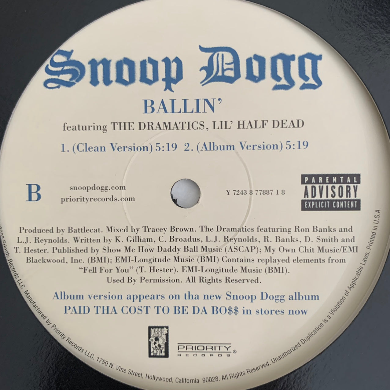 Snoop Dogg Feat Pharrell & Charlie Wilson “Beautiful” / “Ballin” Feat The Dramatics and Lil Half Dead 5 Version 12inch Vinyl