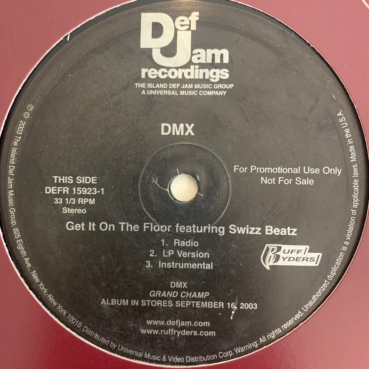 DMX Feat Swizz Beats “Get It On The Floor” 12inch Vinyl