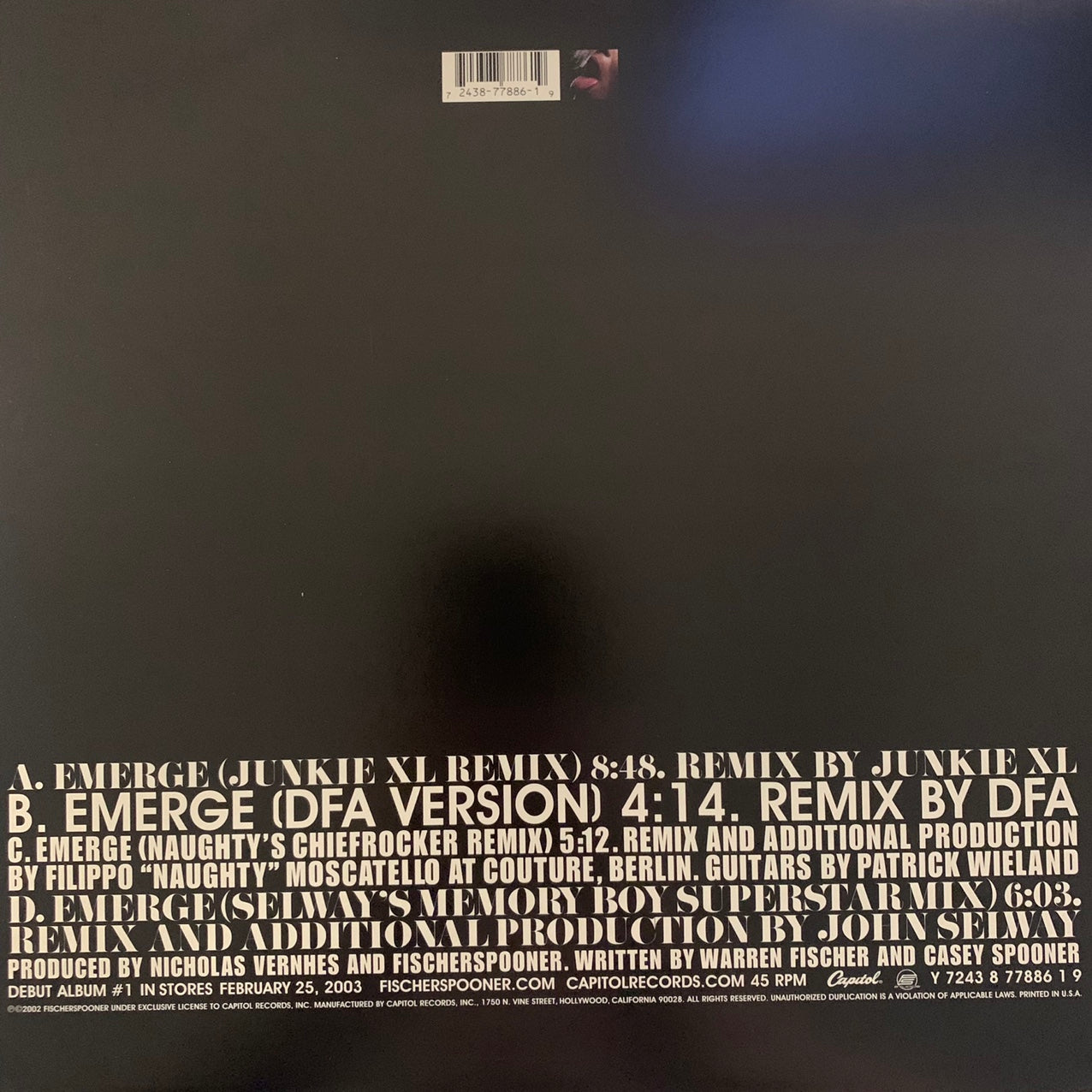 Fischerspooner “Emerge” 2 X 12inch Vinyl Single, Featuring Junkie XL Remix, DFA Version, Naughty’s Chiefrocker Remix, Selway’s Memory Boy Superstar Mix