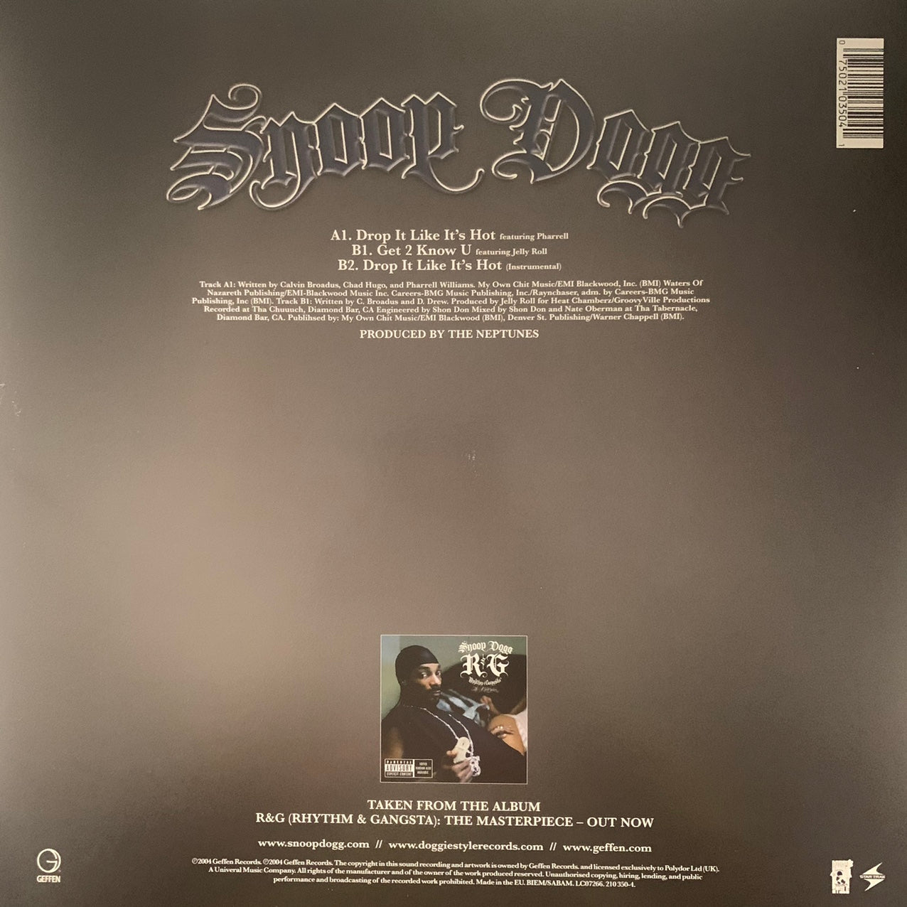 Snoop Dogg Feat Pharrell “Drop It Like Its Hot” 3 Track 12inch Vinyl