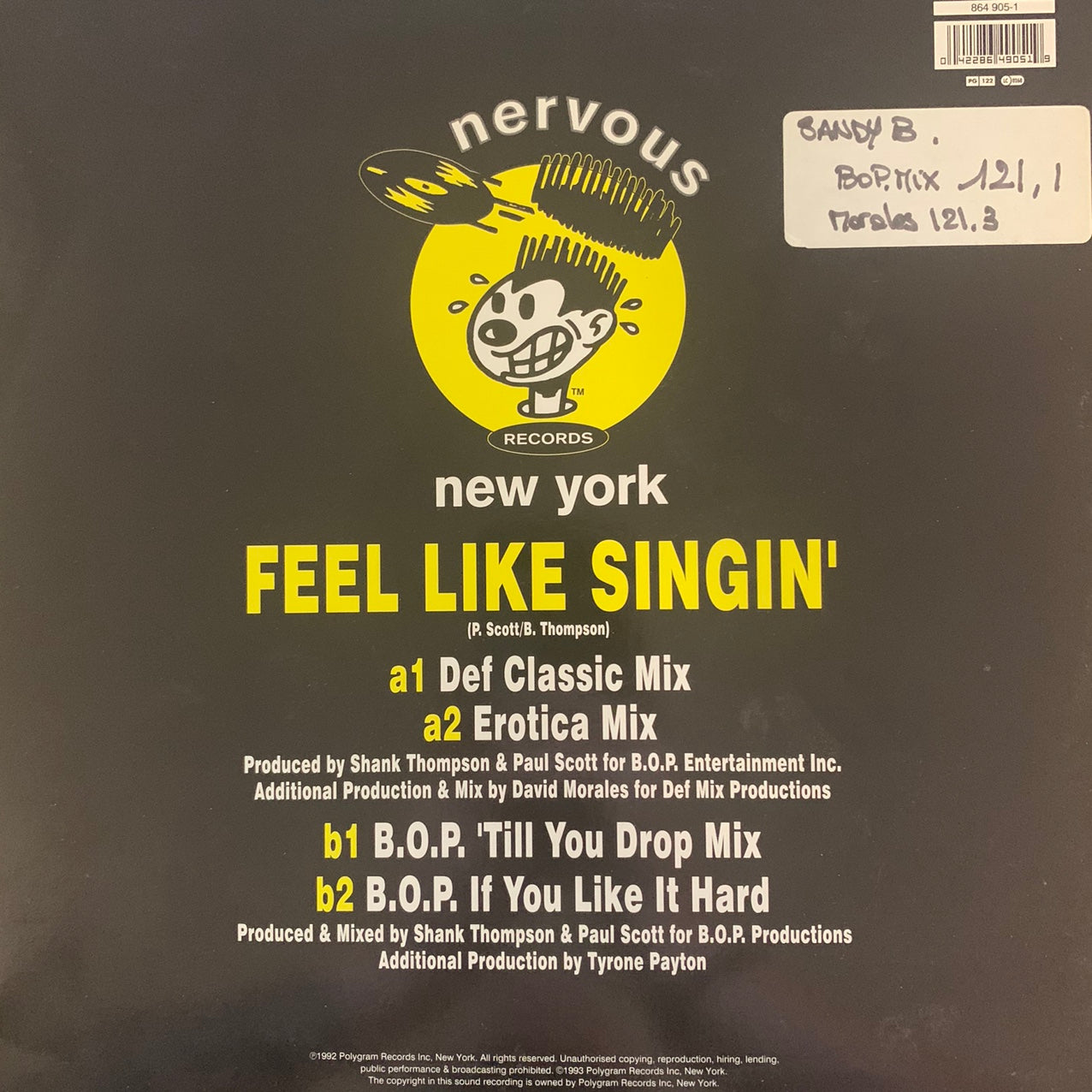 Sandy B “Feel Like Singing” / “Bop Till You Drop” 4 Track 12inch Vinyl