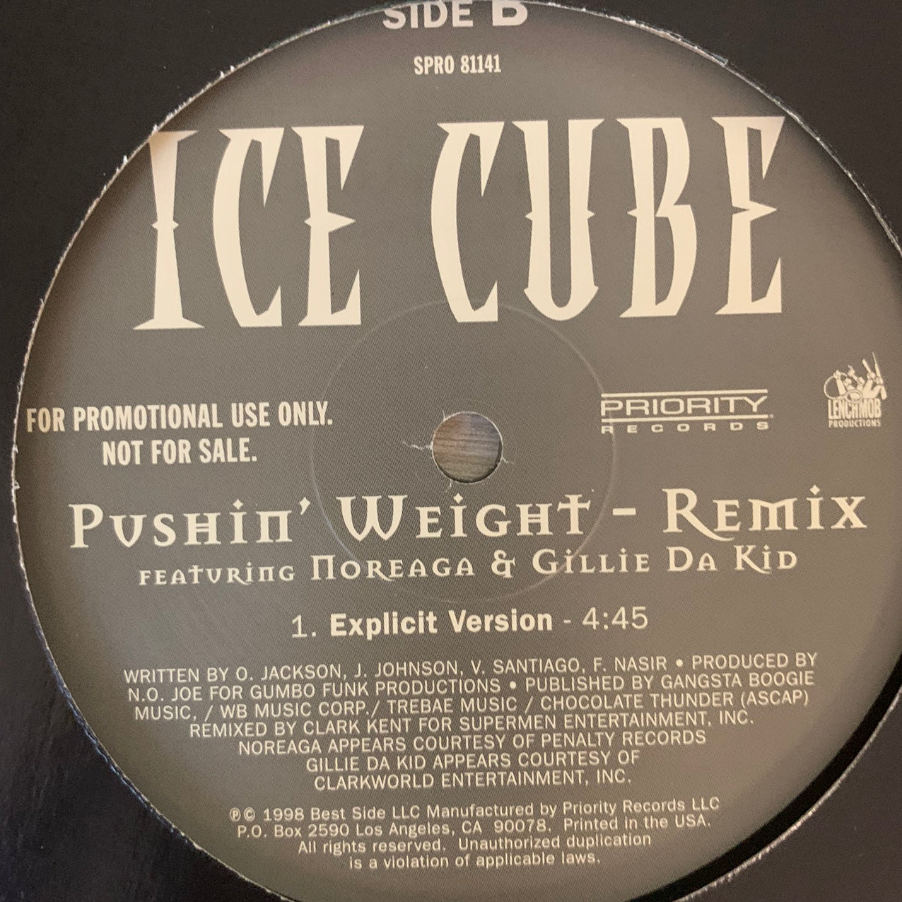 Ice Cube “Pushin’ Weight” Remix Feat Noreaga 3 Version 12inch Vinyl
